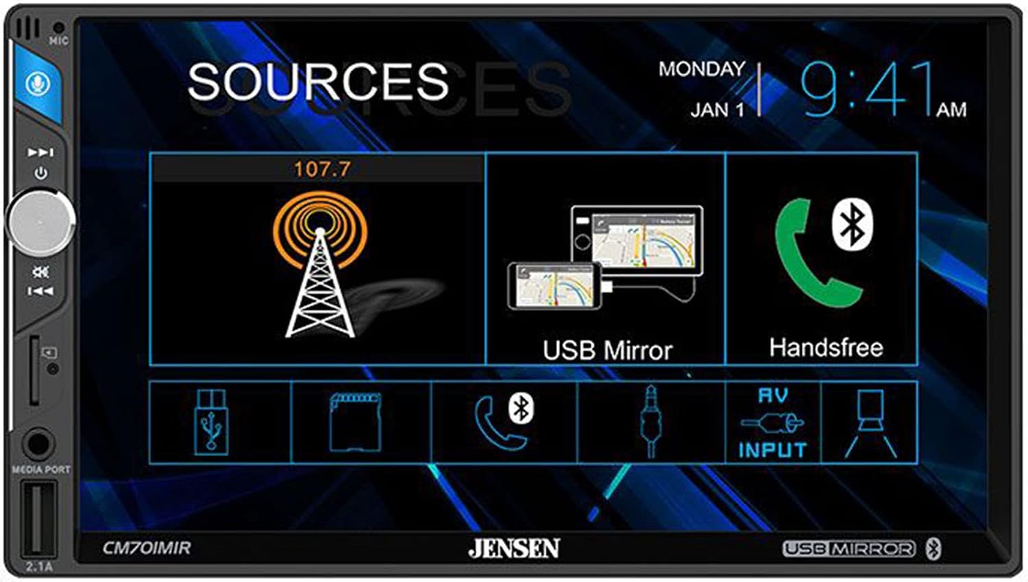 Receptor multimedia digital Jensen CM701MIR con pantalla táctil 7" miniatura 1