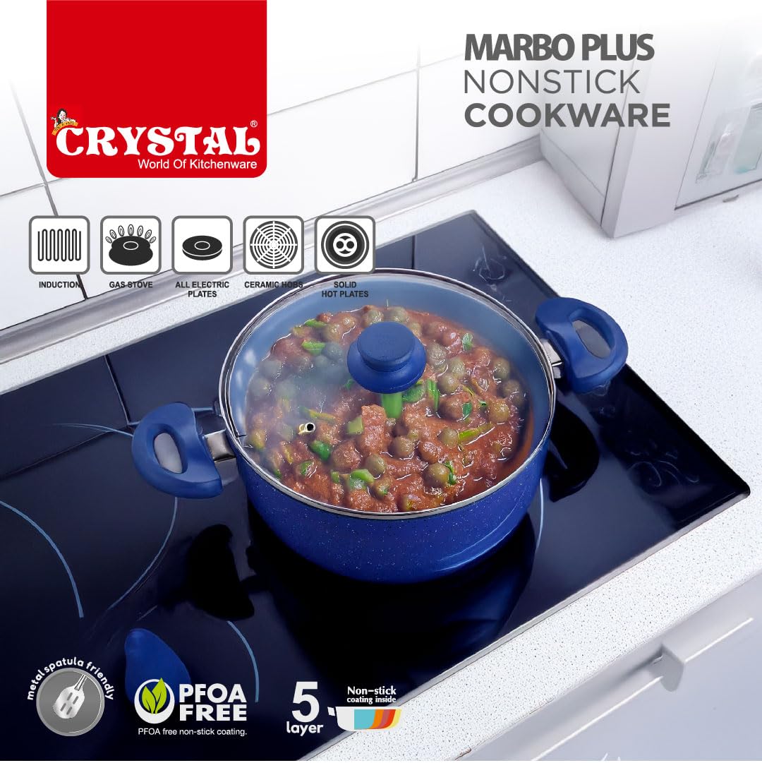 Crystal Marbo Plus Induction Bottom Nonstick kadai | Glass Lid | 225 mm | Thickness: 3mm | 5 Layer Coating | Metal Spoon Friendly | Blue - Image 3 thumbnail
