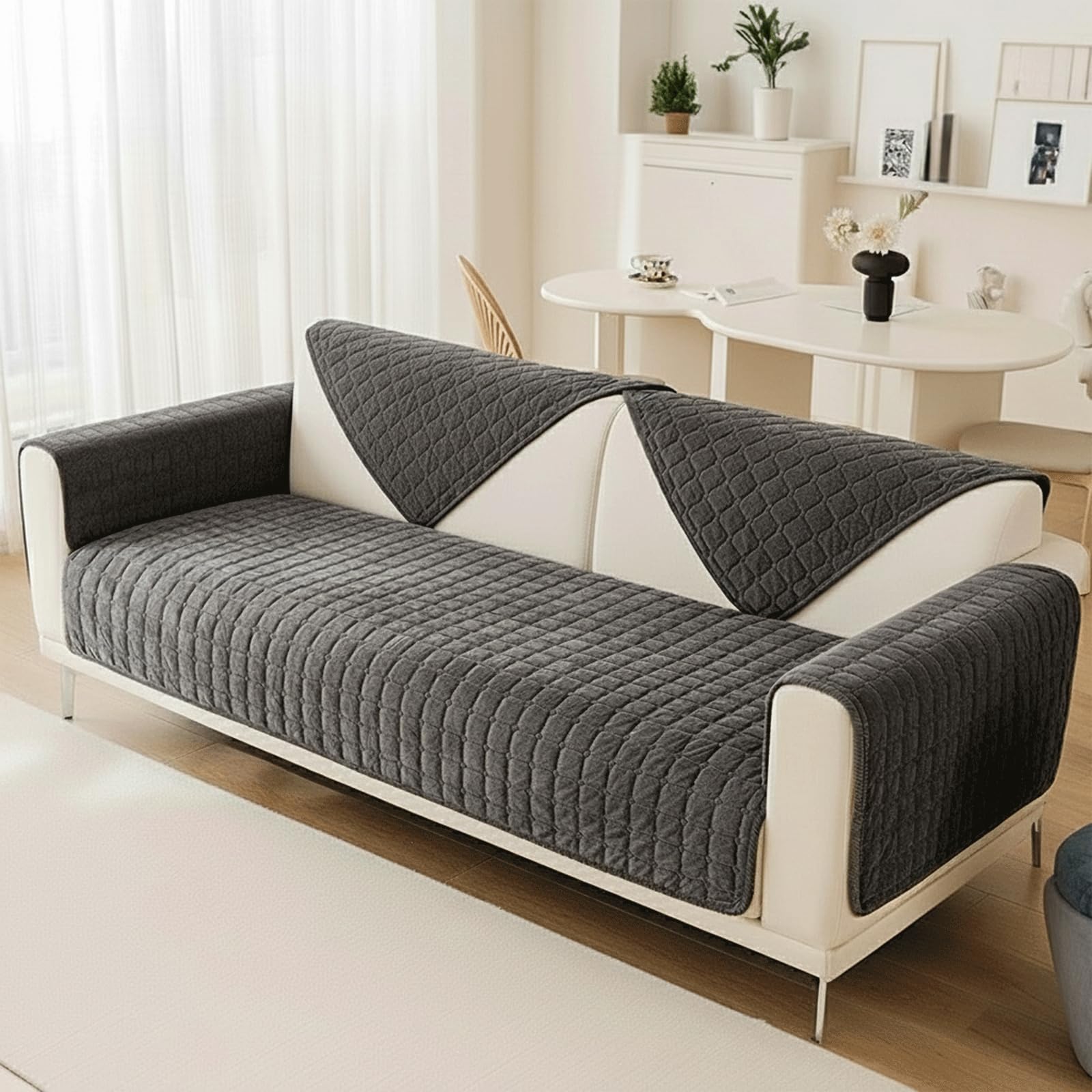 Sofa Cover Chaise Long, New Universal Non-Slip 1/2/3/4 Seater Protector Sofa Cover, Solid Thick Textured Waterproof Sofa Cover for Living Room (Grey, 90x90cm)