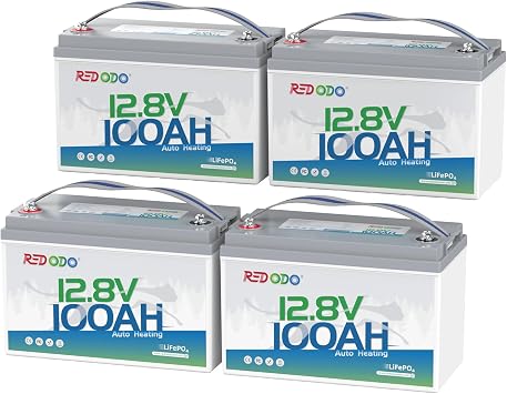 Redodo 12V 100Ah Self-Heating LiFePO4 Lithium Battery with 100A BMS Low-Temp Protection, Supports Charging-4F, Max. 1280Wh Energy & 4000+ Deep Cycles for RV, Solar, Off-Grid in Cold Areas 4 PACKS