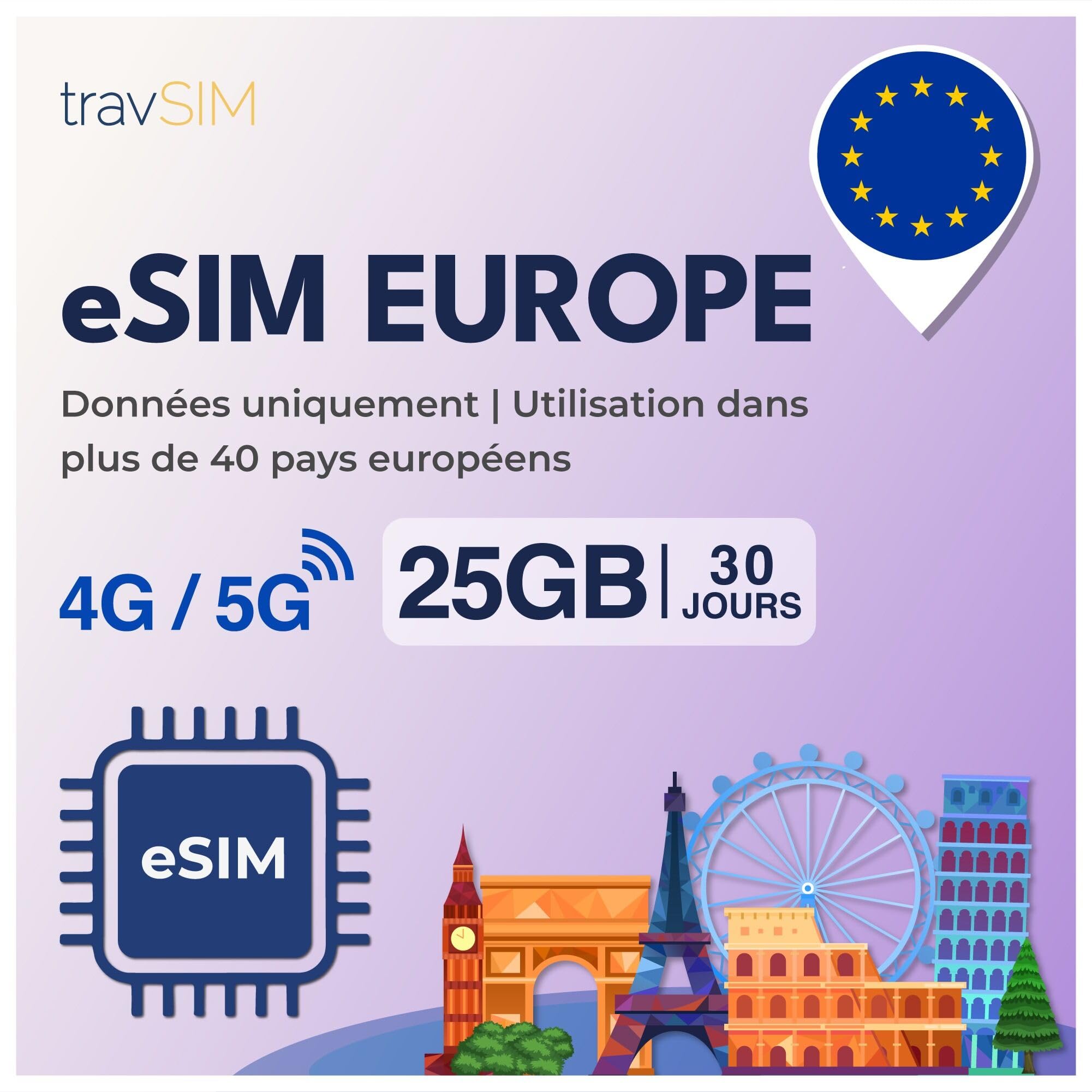 travSIM eSIM Europa | 30 días - 25 GB | Tarjeta SIM Europa, Alemania, Francia, España, Italia, Países Bajos y más | Acceso a Google, Facebook, Whatsapp y más | 0 Gastos de itinerancia