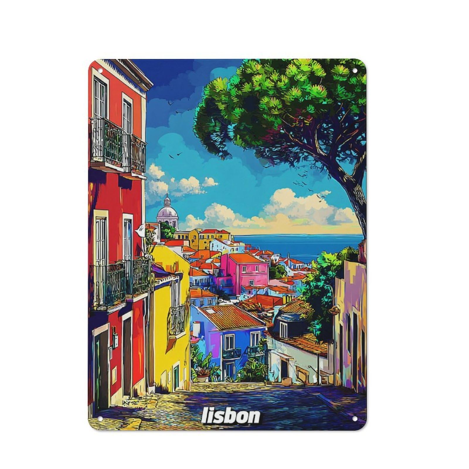 Junmoney Colorful Lisbon Street Scene Rustic Metal Wall Sign 40X30cm Featuring For Pub Or Café, For Vintage Wall Decor Fans, For Metal Sign Collectors