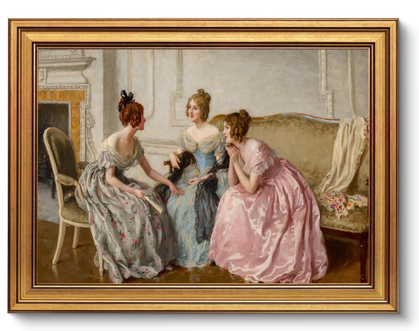 AGOLINE Gold Framed Vintage Wall Art (12x16in)-Ladies Chatting Vintage Pictures Canvas Wall Art for Living Room, Kitchen,Framed Prints For Bedroom Walls, Retro Home Decor