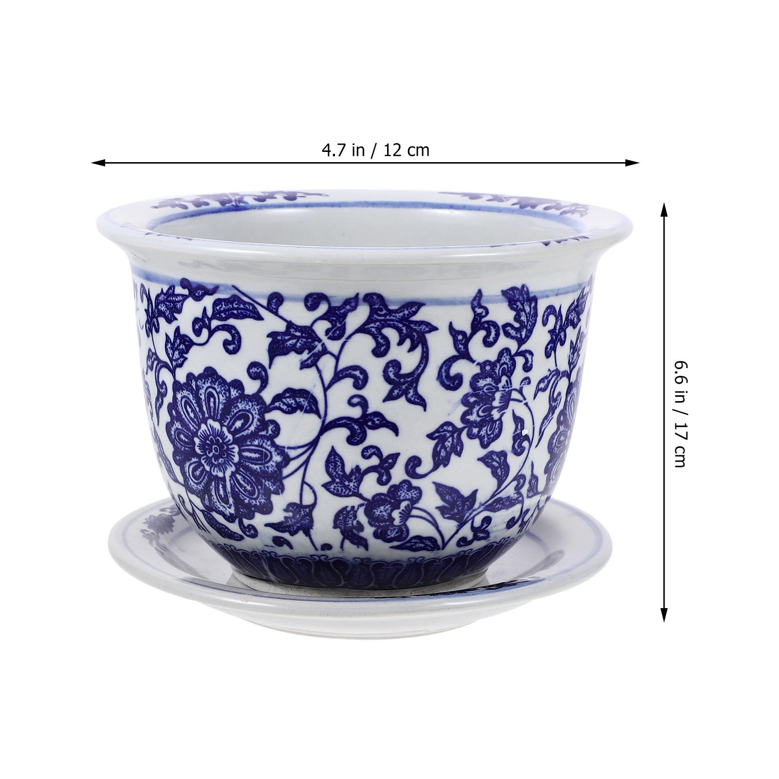 Set 1 Vaso in Ceramica con Motivo Blu Classico, con Vassoio Incluso, Vaso Decorativo per Bonsai e Piante Grasse da Interno da Esterno