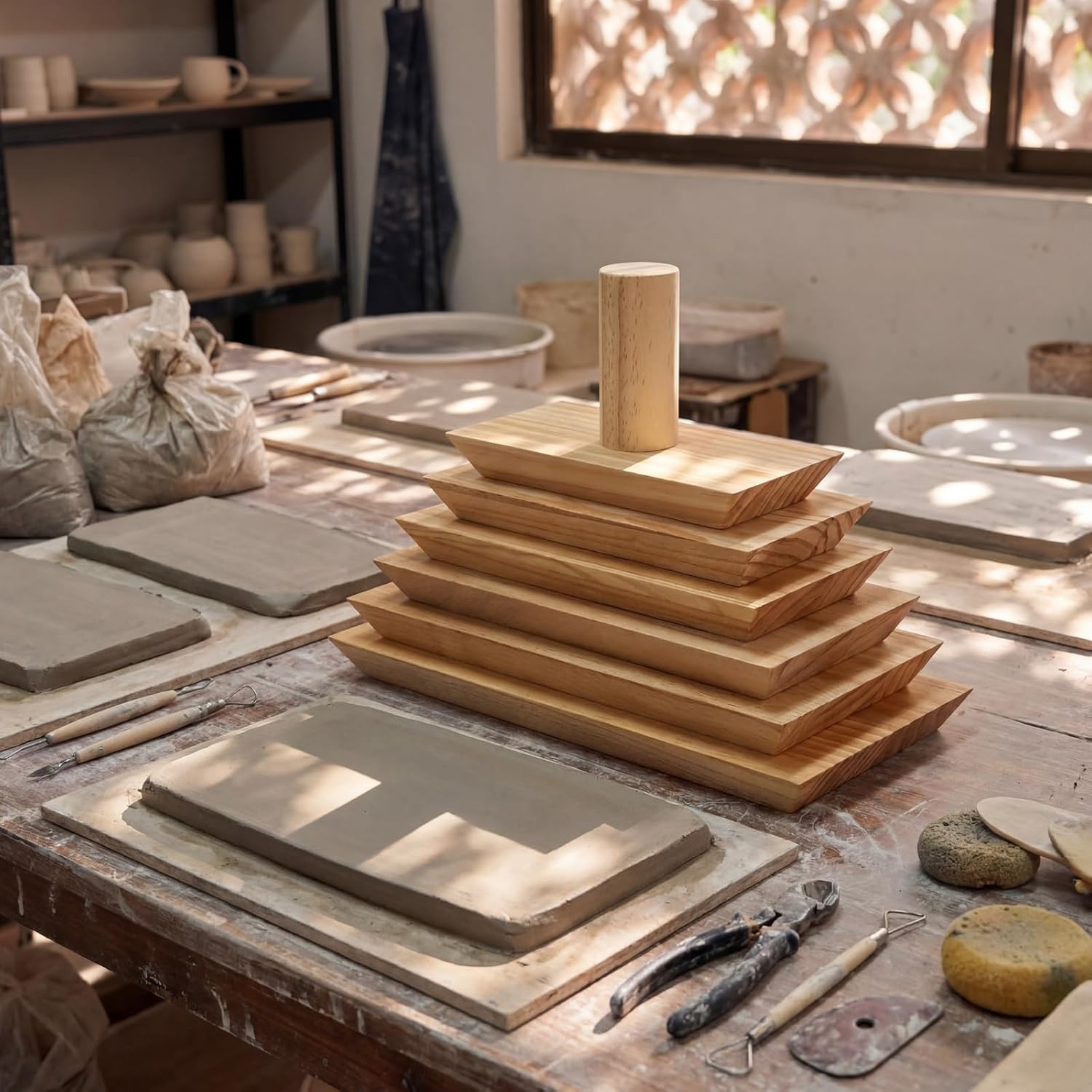 6 Pack Pottery Molds 12.5 11.5 10.5 9.5 8.5 7.5 Thickness 1 Plaster Molds Wood Pottery Tools with Handle for Ceramic Top Forms DIY Bowls Plate Dish Slump Press Art Making (Rectangle)