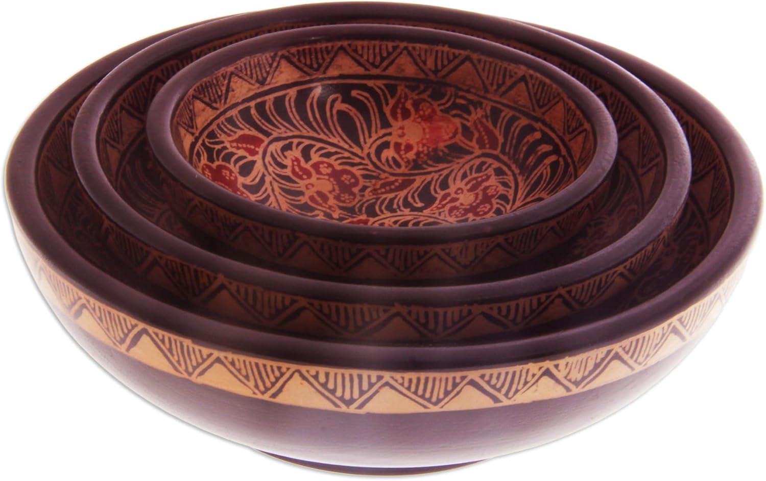 NOVICA Artisan Handmade Wood Batik Centerpieces Set of 3 Black Red Indonesia Decor Accessories Decorative Bowls Plates Floral East Meets West [1.8in H x 6in Diam. 1.6in H x 4.7in Diam. 1.4in H x 3.7i]