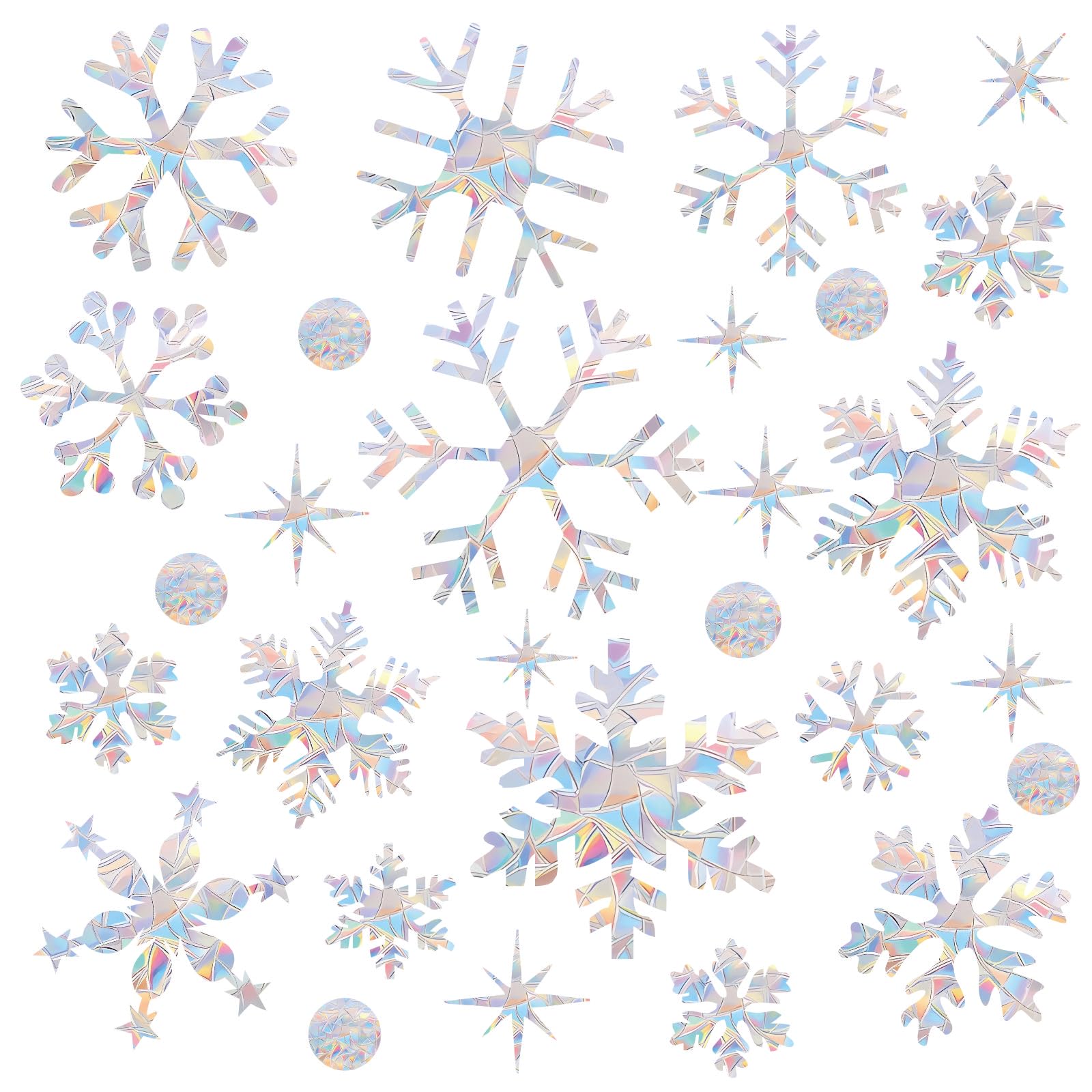 60 Stück Weihnachts-Schneeflocken-Fensteraufkleber verhindern, dass Vögel auf Fenster schlagen, Regenbogen-Sonnenfänger-Aufkleber, kein Kleber erforderlich, nicht klebende, wiederverwendbare