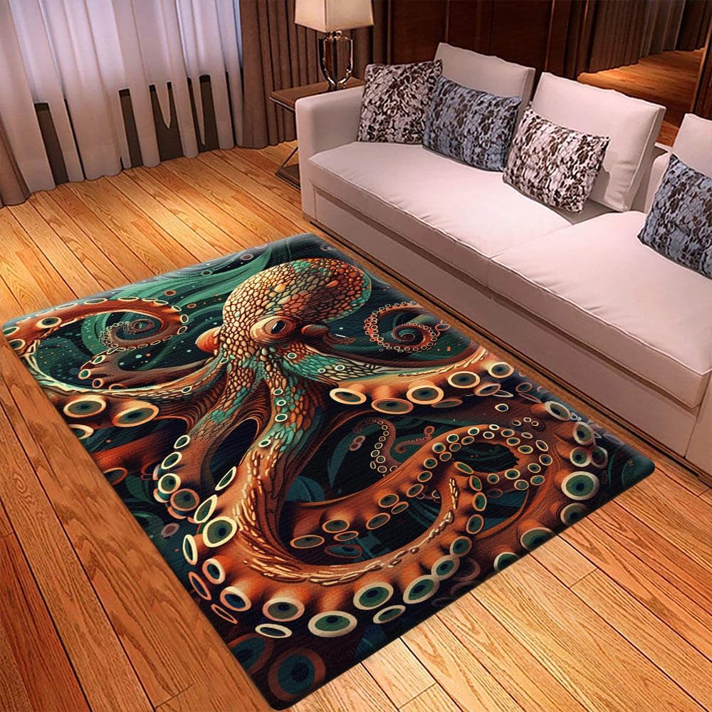 Octopus Rug Runner - Big Red Nautical Area Rug for Bathroom, Living Room, Outdoor - Vintage Pattern Bath Rug 5x8 Soft