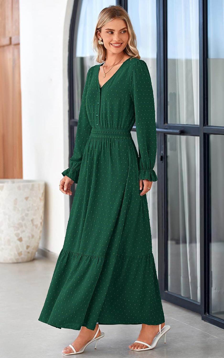 PRETTYGARDEN Women's 2025 Maxi Dress Long Sleeve V Neck Flowy Swiss Dot High Waist Casual A Line Fall Wedding Guest Dresses - Image 7