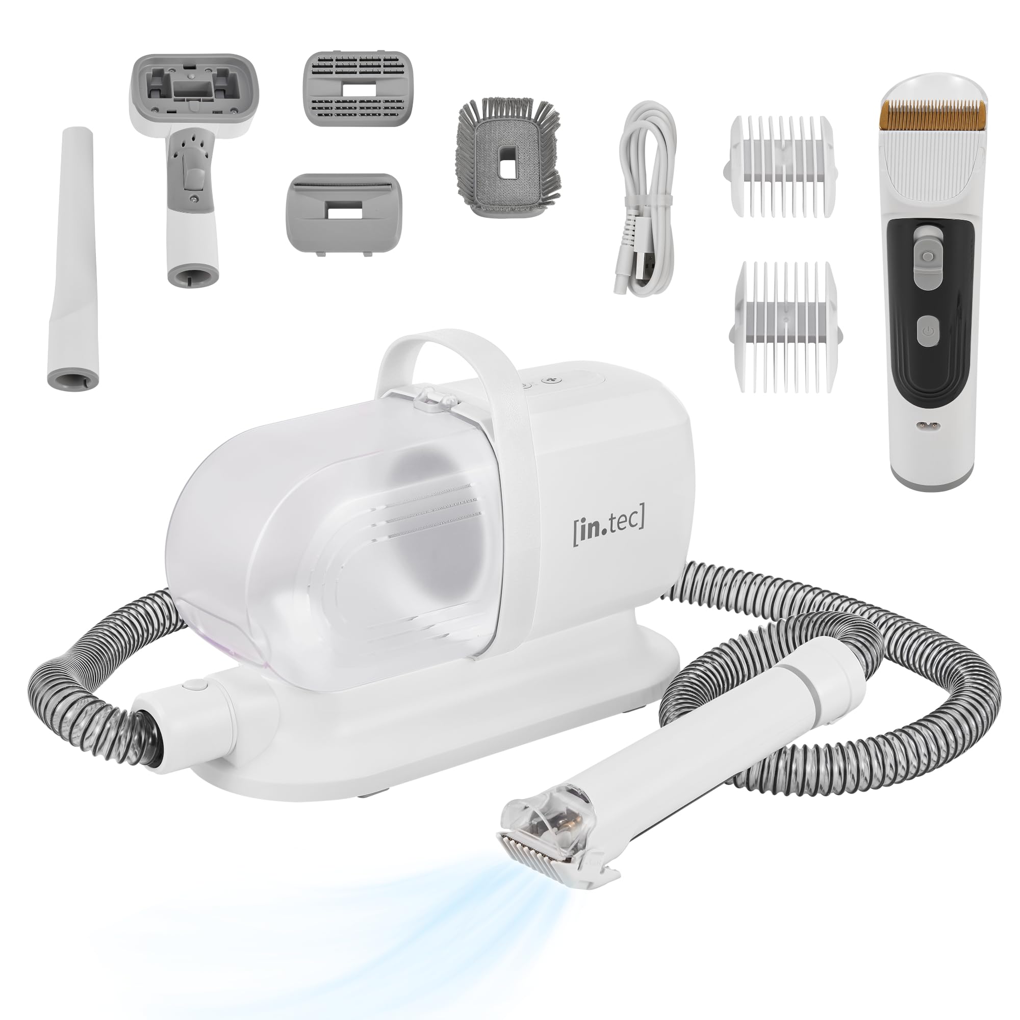in.tec Kit Toelettatura 5 in 1 per Animali Domestici Tosatrice Elettrica e Aspirapolvere con Contenitore Rimovibile Trimmer Cani Gatti Asciugapeli - Bianco