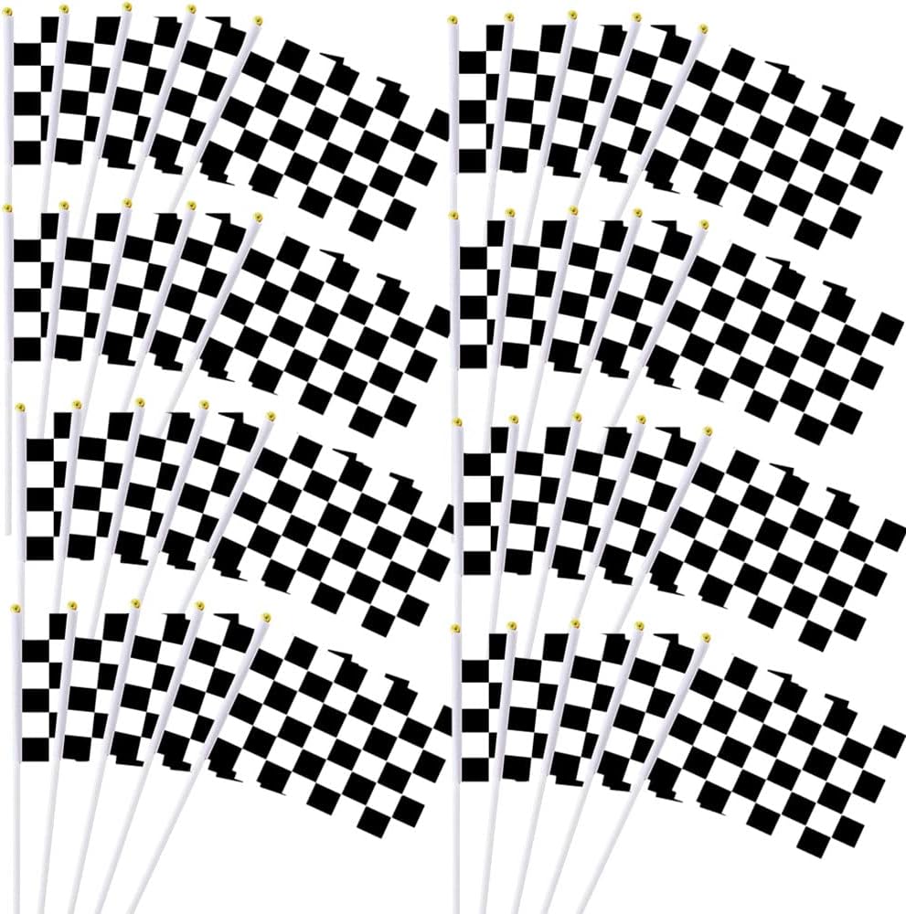 50 Pack Hand Waving Flags Black and White Checkered Racing Flags and Banners Pennant Decoration for Game Parade Sport Events, Festival Party Handheld Flag with Plastic Stick 14 * 21cm with Gold Ball