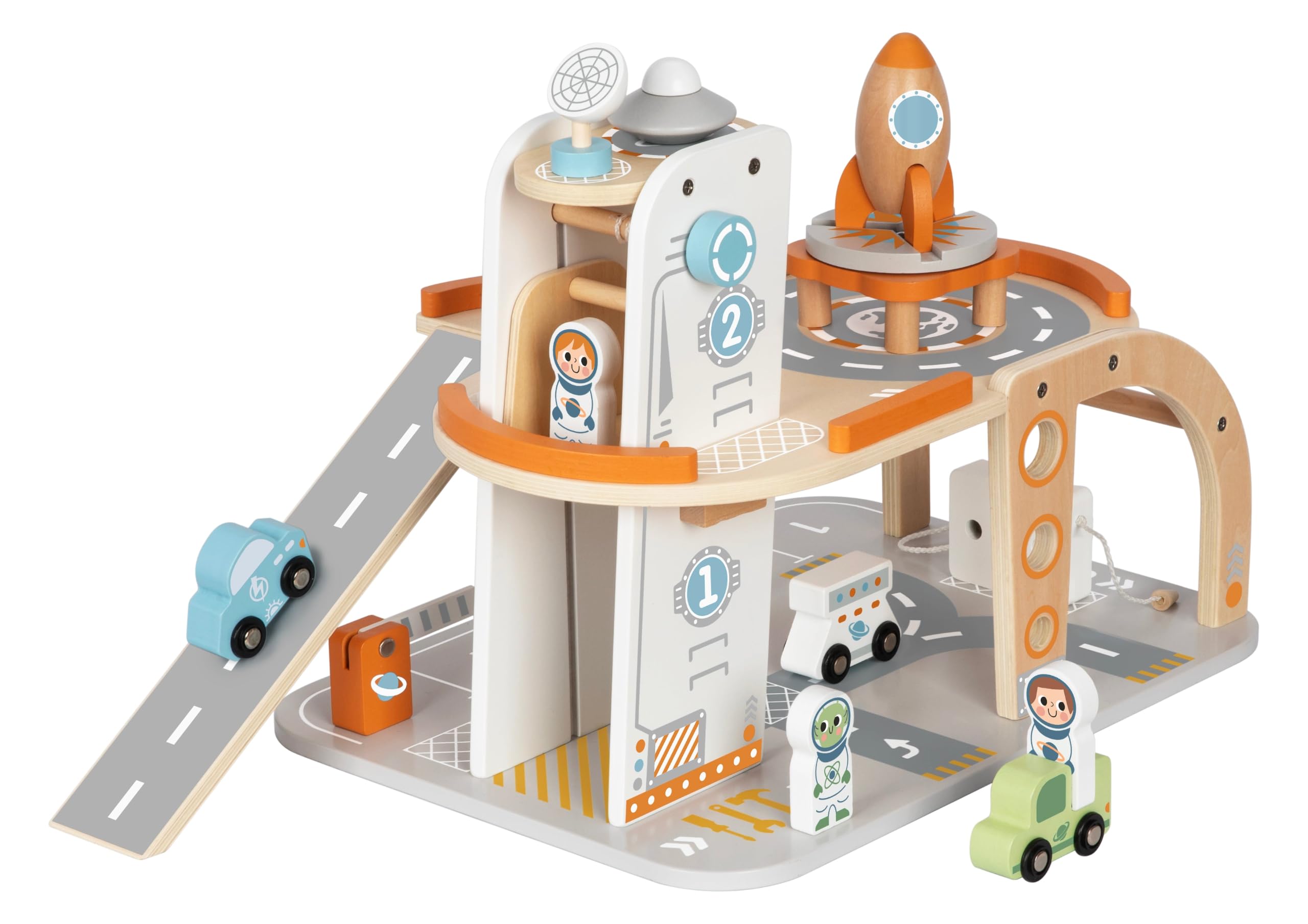 Tooky Toy FSC drewniana stacja kosmiczna - zabawka garażowa z rakietą, astronautami i pojazdami, edukacyjna zabawka Montessori, rozwija zdolności motoryczne, społeczne i emocjonalne, prezent od 3 lat