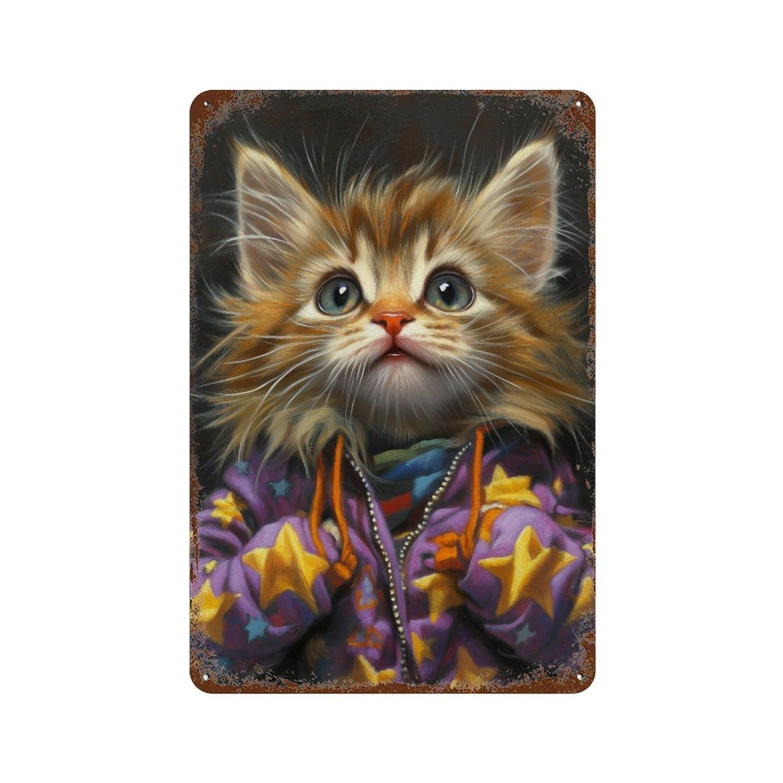 Garage Style Kitten in Starry Hoodie Distressed Metal Wall Sign 11.8"x7.9", Rustic Home Decor for Bar And Workshop