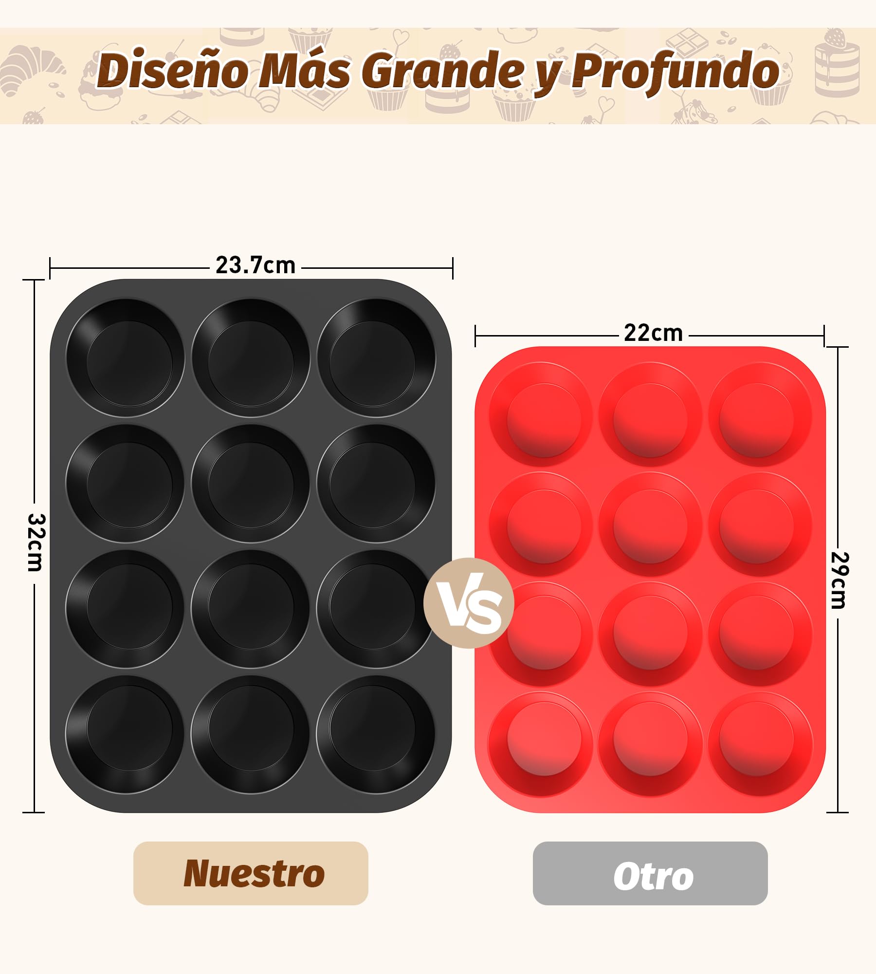 Ankway Molde Magdalenas para 12 Magdalenas, Bandejas para Hornear Muffin con marco de metal para Muffins, Cupcake, Brownie, Pudín, Reutilizables Negro