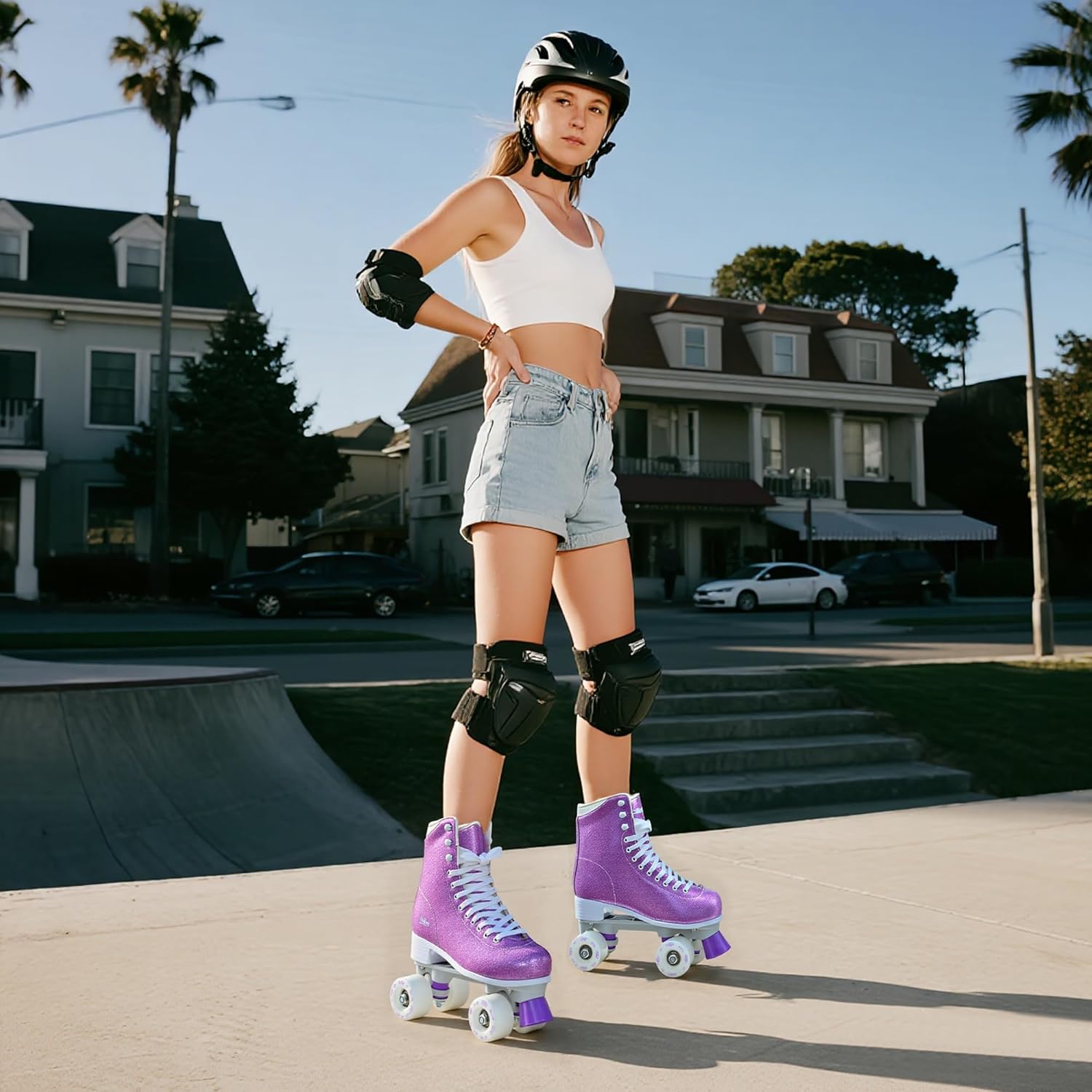 Roller Skate for Women, High-Top PU Leather Quad Skates for Beginner, Shiny Double-Row Rollerskates for Girls Ages 8-60 Outdoor and Indoor