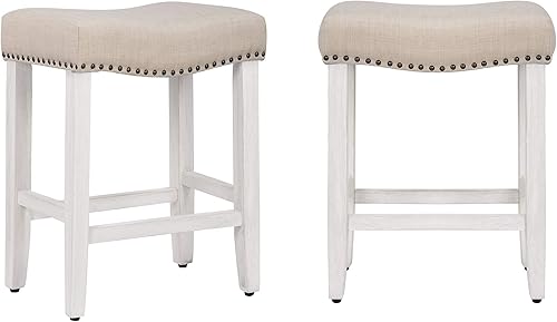 Miniatura 3 de WO Home Furniture - Taburete de mostrador de 24 pulgadas, 2 piezas, taburete tapizado sin espalda con patas blancas antiguas de madera para cocina