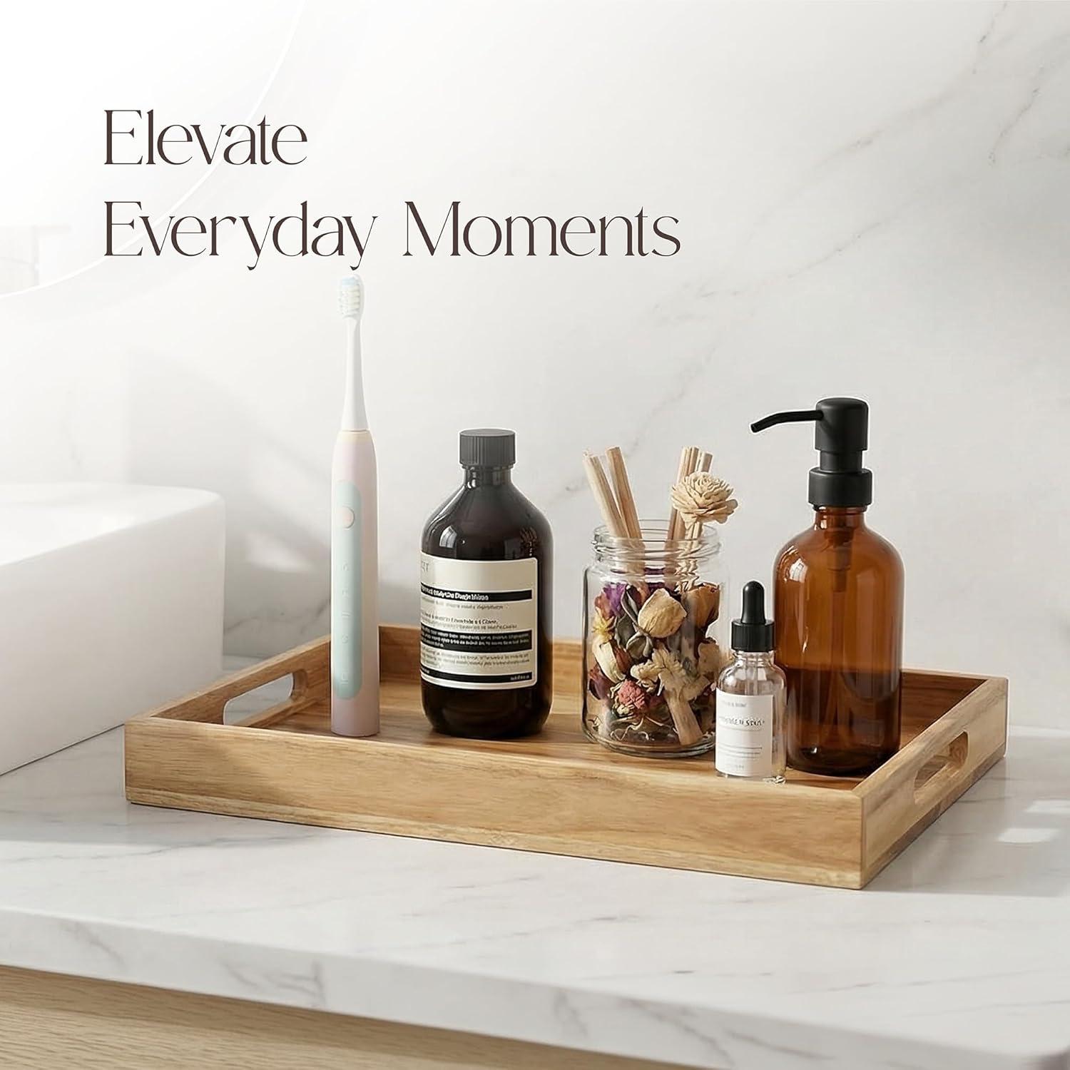 Koppen Acacia Wood Serving Tray with Handles, 17" x 13", Large Wooden Platter for Breakfast, Ottoman Tray for Party, Snacks, Fruit, Coffee Table, Living Room, Sofa, Bed, Outdoor, Natural Color