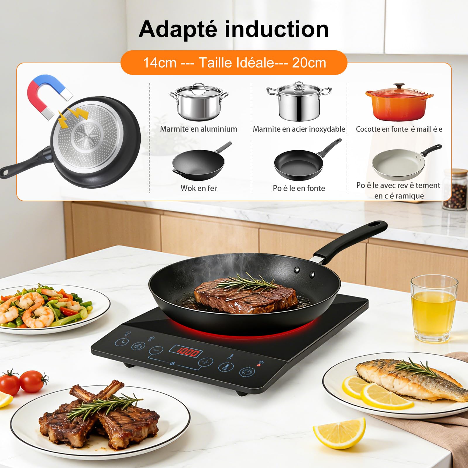 Aigostar Plaque à induction portable 2000W | Design Ultra-Mince + 10 Niveaux (60-240°C) | Minuterie 180 Min | Écran Tactile LED | Verrouillage Enfants et Protection Surchauffe Noir