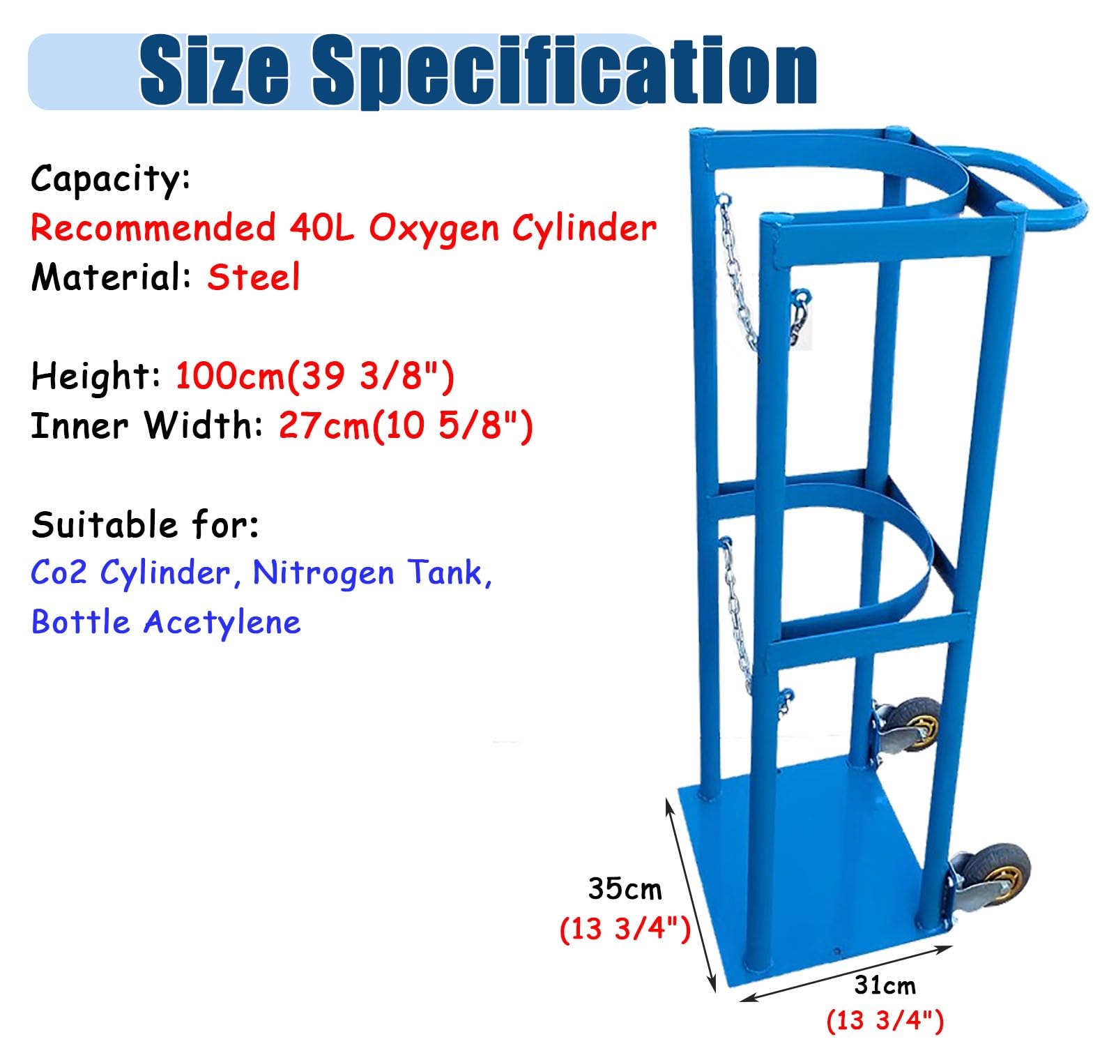 Soporte for tanque de cilindros, soporte rodante for almacenamiento oxígeno for silla transporte, carrito rectangular for nitrógeno 40 l
