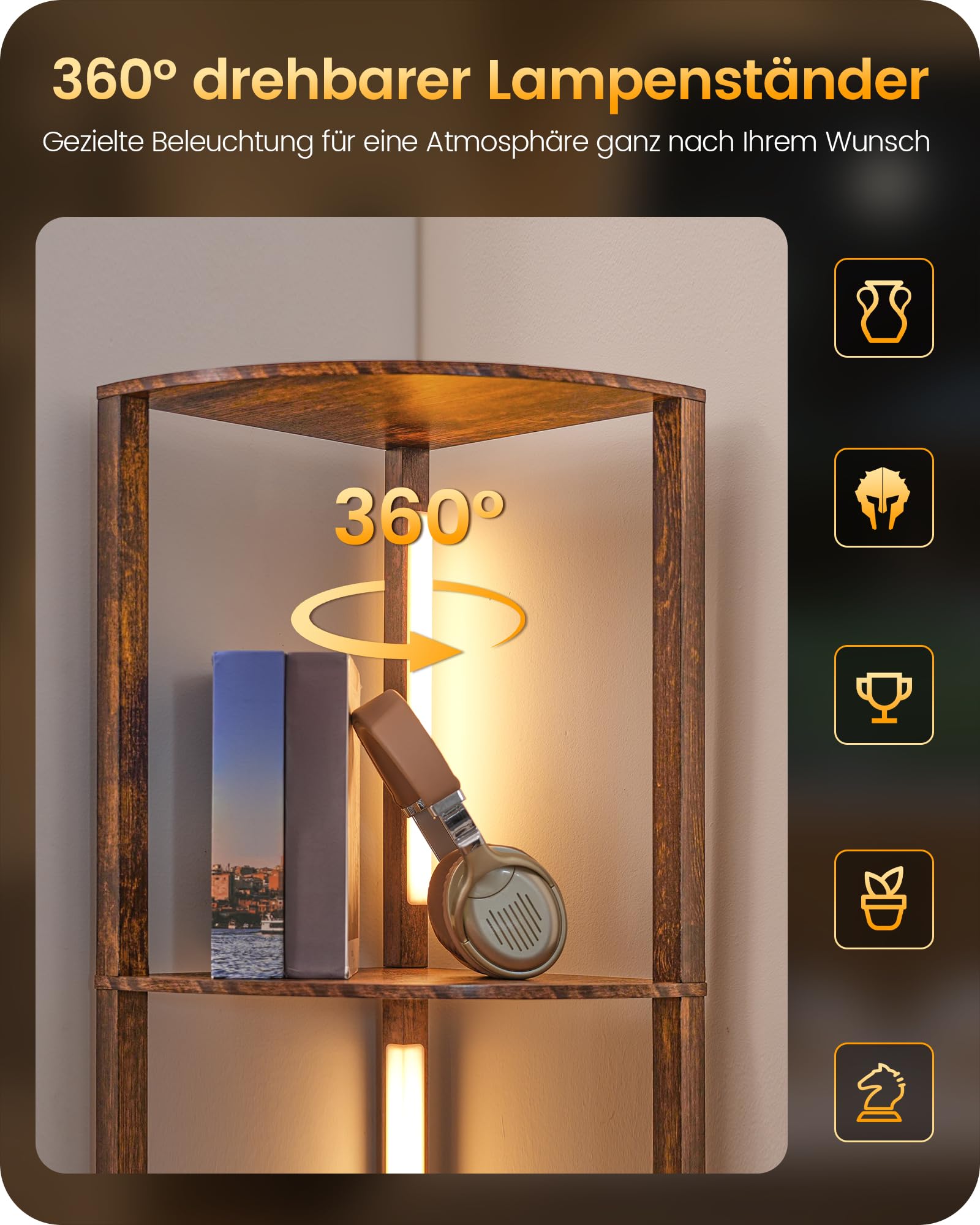 Stehlampe Wohnzimmer mit Regal, Dimmbare Stehleuchte aus Holz, Regalstehleuchte 20W-LED, Retro, 360°drehbarer Lampenständer, für Schlafzimmer, Arbeitszimmer, Büro ZF54LDD05N1