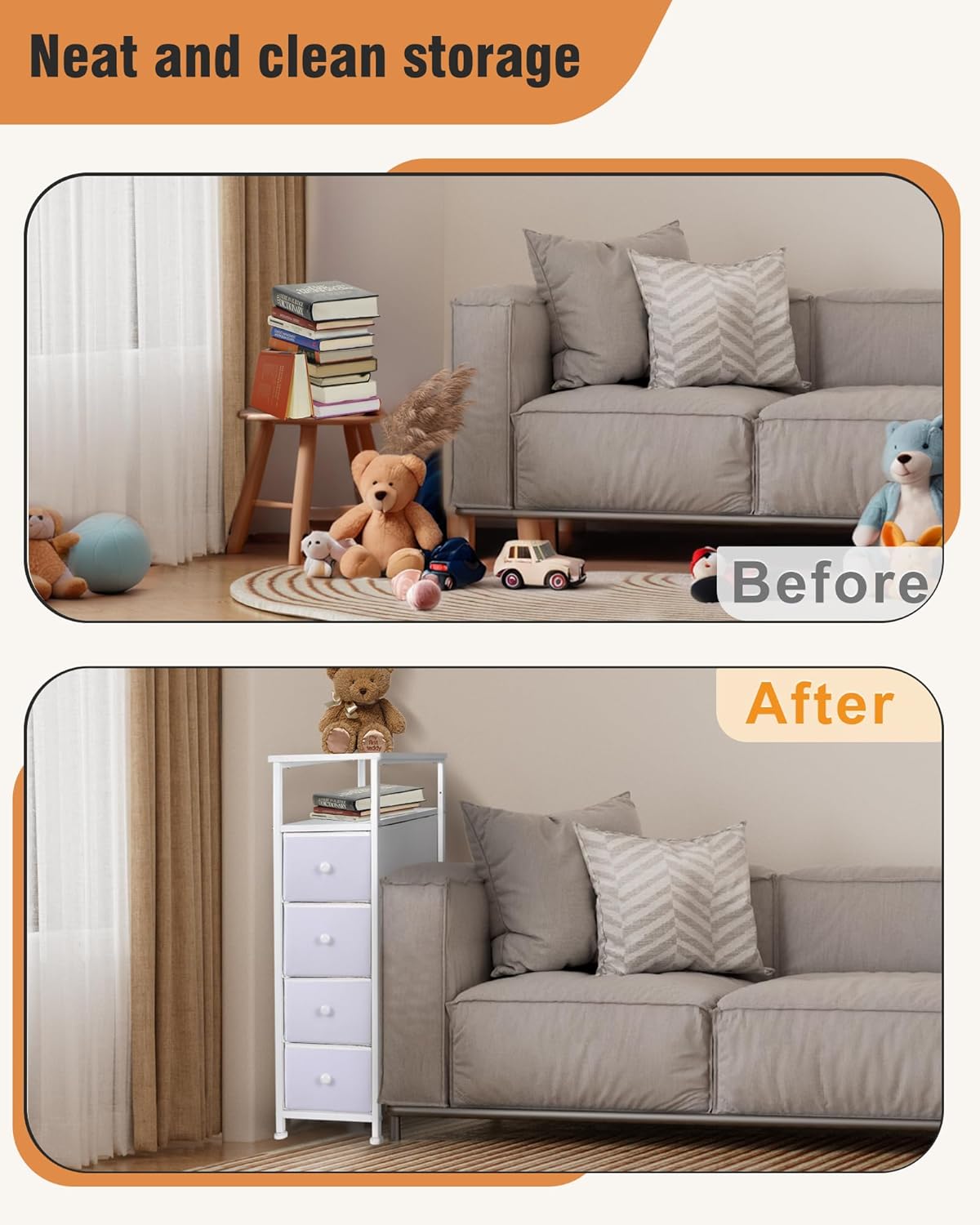 Narrow Dresser for Bedroom, Fabric Tall Dresser & Chests of Drawers with 4 Drawers, Vertical Organizer Storage Tower Unit for Bedroom, Hallway, Entryway White Wood Grain