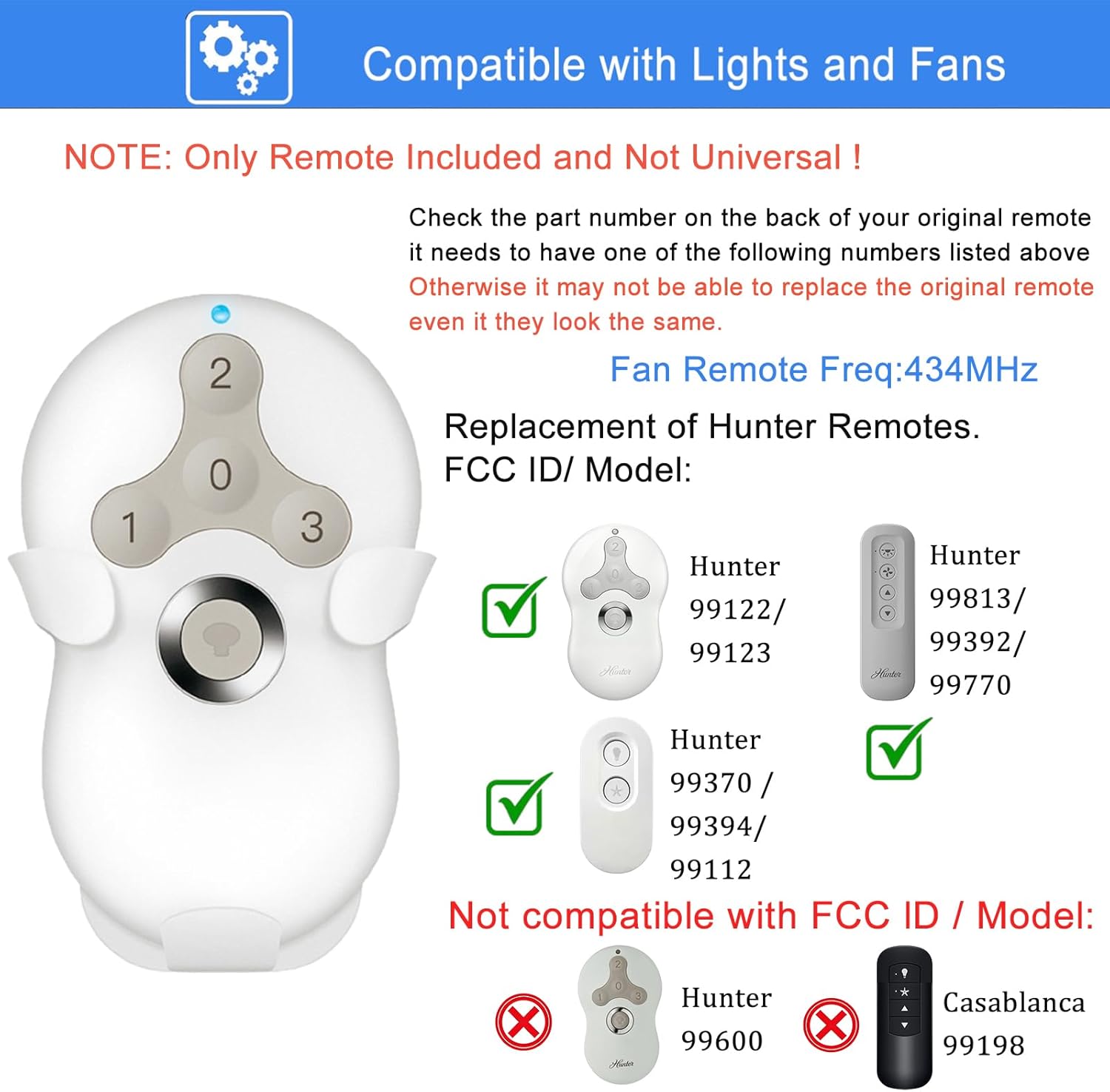 Replacement Remote for Hunter Ceiling Fan Remote Control 99122/99123, 3-Speed and Light Dimmer with Wall Mount,434MHz (Remote Only)
