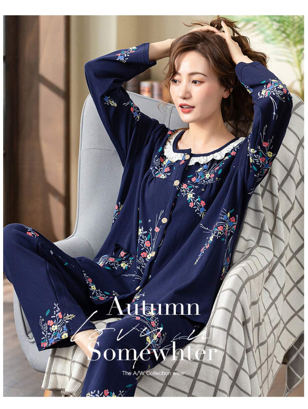 Conjunto De Pijamas De Mujer,Conjunto De Pijama De Algodón Suave Con Estampado Elegante,Conjuntos De Pijamas Con Botones,Ropa De Dormir De Manga Larga,Cómoda Ropa De Dormir De Talla Grande,Regalo P