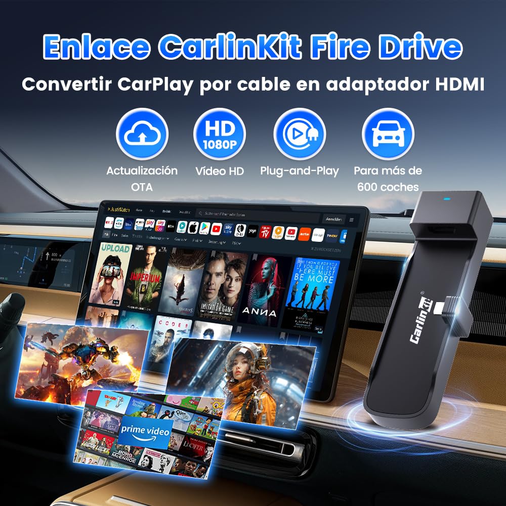 Carlinkit Adaptador FireDrive Link - Convierte CarPlay con cable a HDMI, streaming de audio y vídeo en el coche, compatible con Fire TV Stick