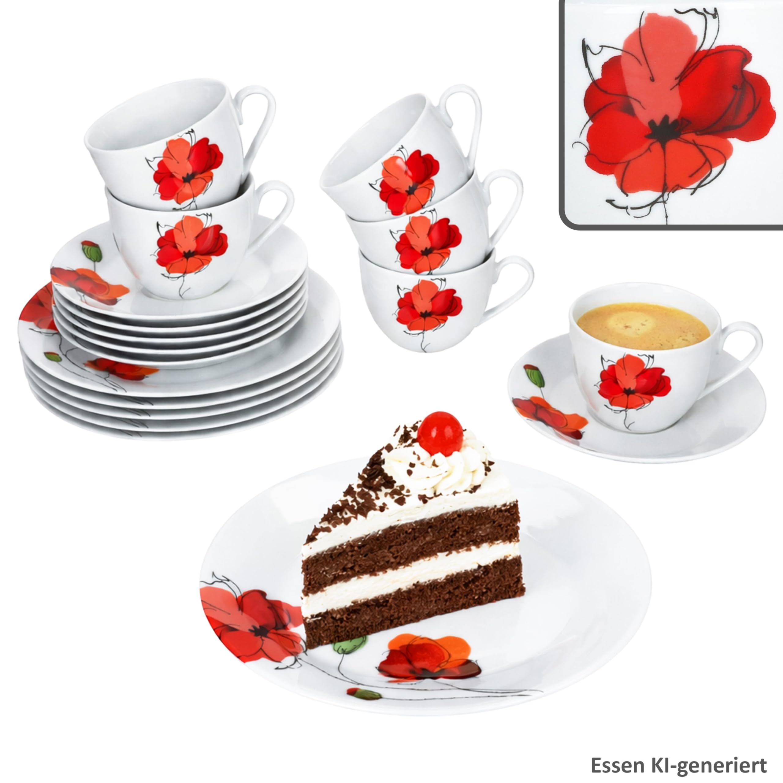 MamboCat Mona Service à café 18 pièces - En porcelaine florale avec décor coquelicot en blanc et rouge - Pour 6 personnes - 6 tasses à café de 160 ml - Soucoupes et assiettes à gâteau pour