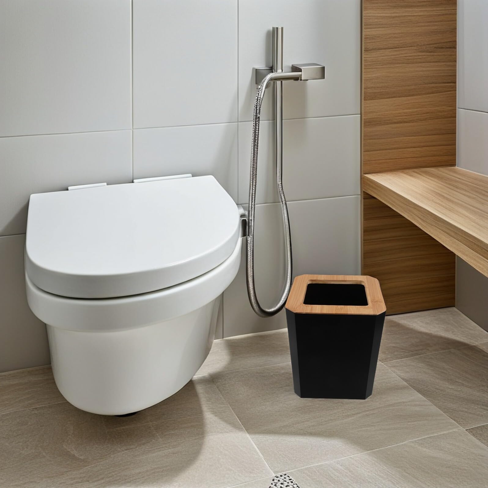 Set Accessori Bagno in Bambù Nero per Casa e Hotel | Porta Spazzolini, Dispenser Sapone, Bicchiere, Piattino, Finitura Nera, Manutenzione Semplice
