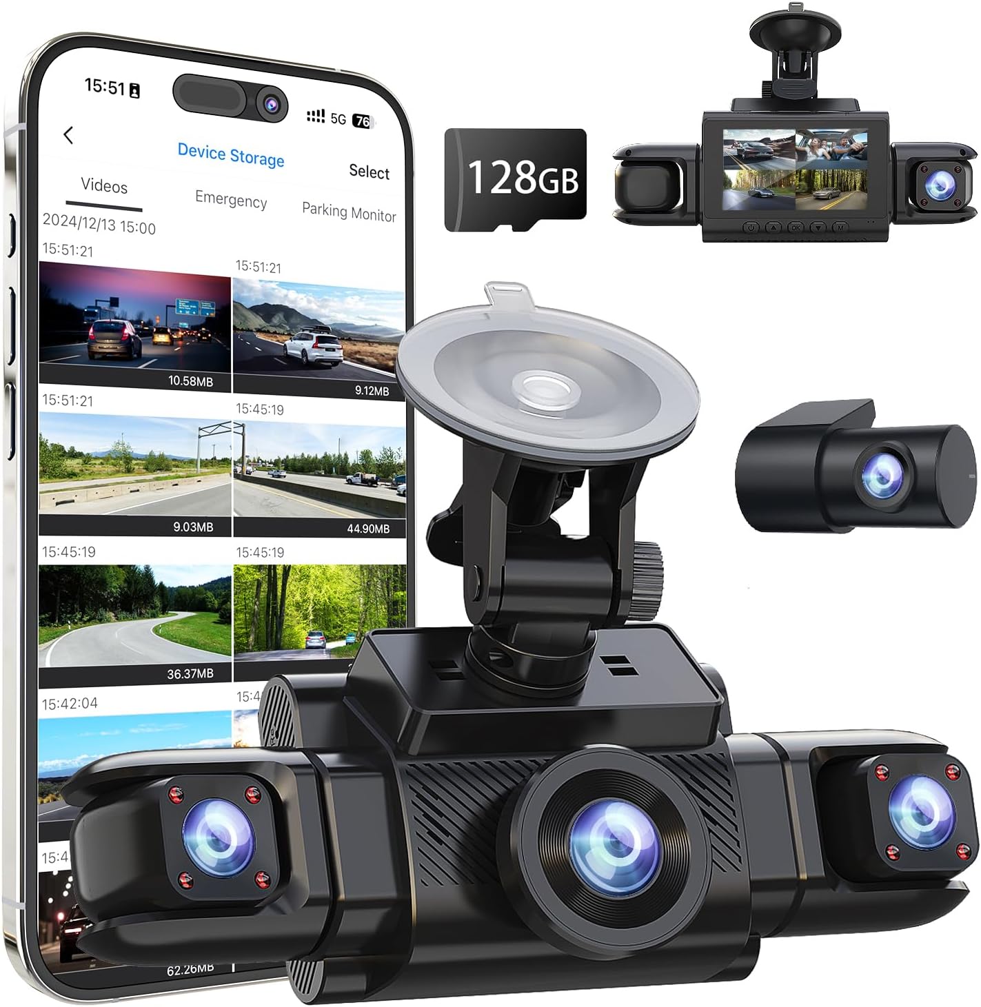 360 View 4 Channel Dash Cam Front and Rear Left Right Inside Camera for Cars, GPS and 5G Band WiFi, Night Vision, 160 Wide Angle, WDR, 24H Parking Mode, Supercapacitor, Included 128GB Card