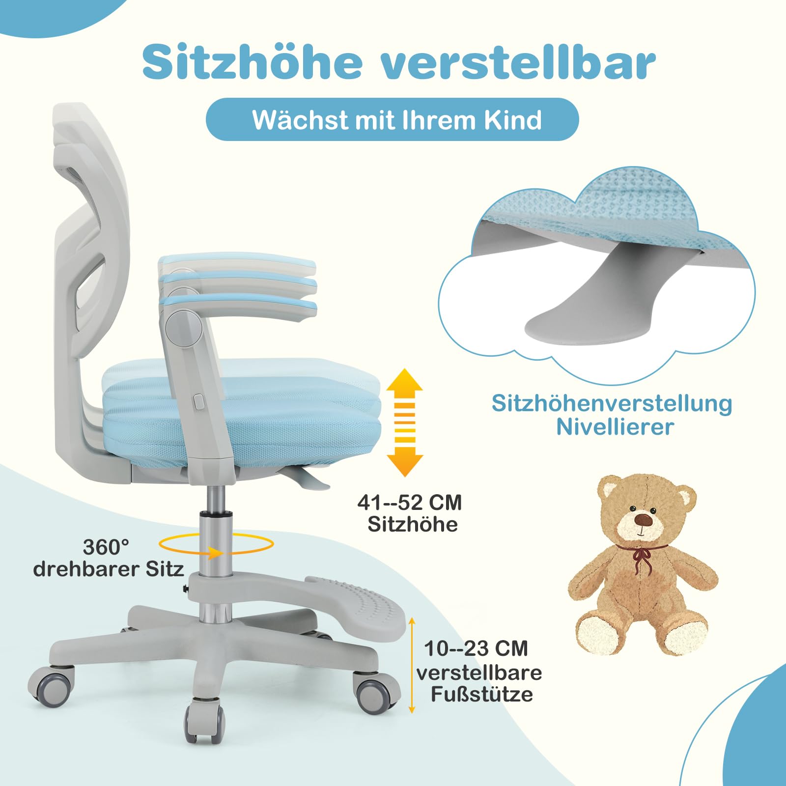 Kinder Bureaustoel Met Een Zithoogte Van 41-52 Cm Verstelbare Kinderdraaisteel Met Wielen Blauw