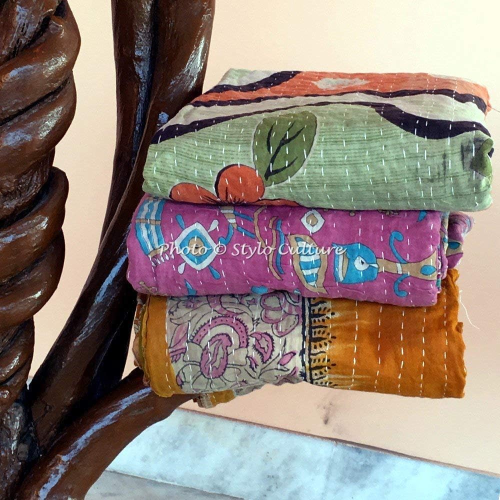 Indian Vintage Handmade Quilts Twin Printed Kantha Bengali Gudri Quilt Vintage Blankets Throws Wholesale Vintage Ralli Gudri lot of 3 Pc