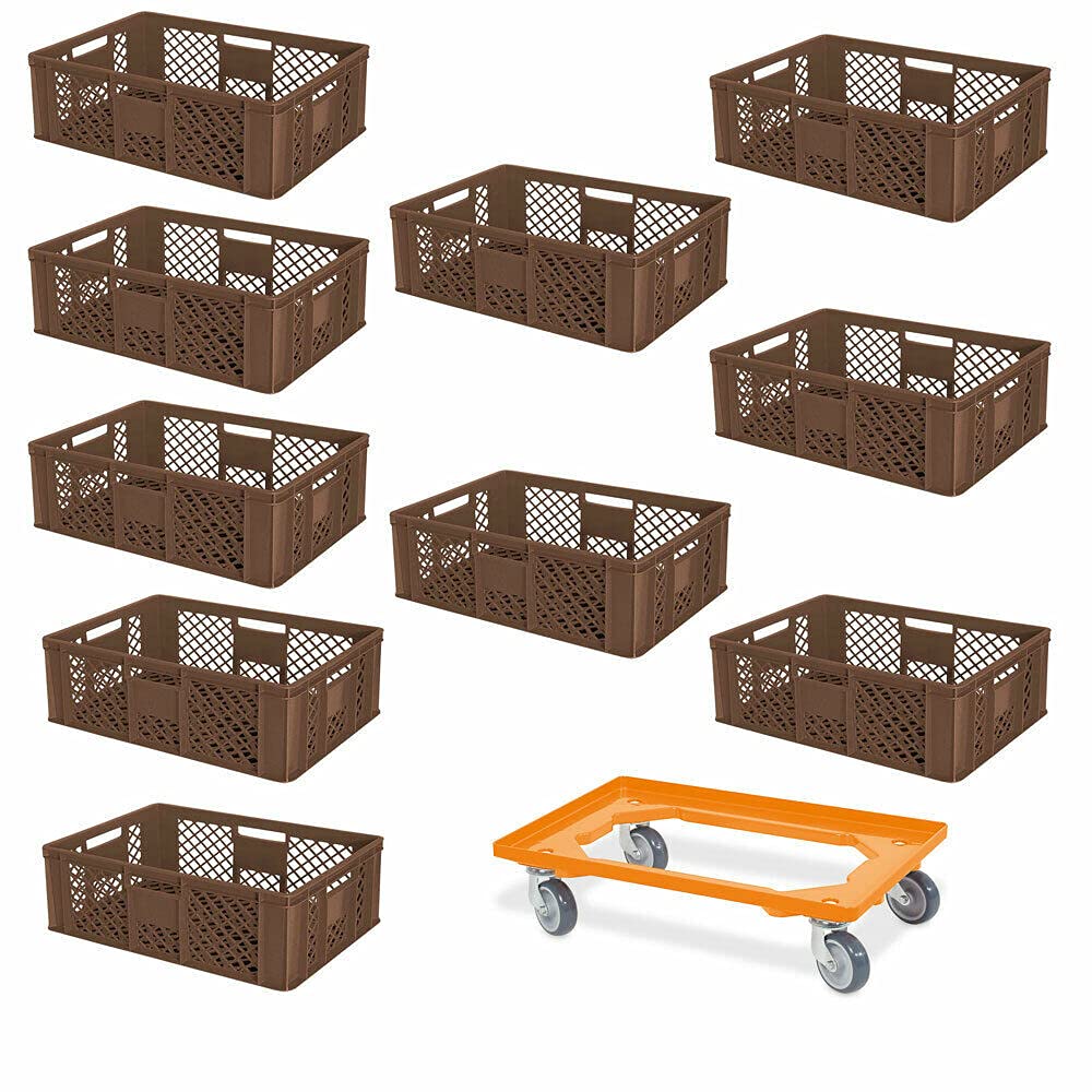 Set risparmio da 10 contenitori impilabili Eurostack Plus, con ruote, 600 x 400 x 240 mm, qualità industriale, colore marrone