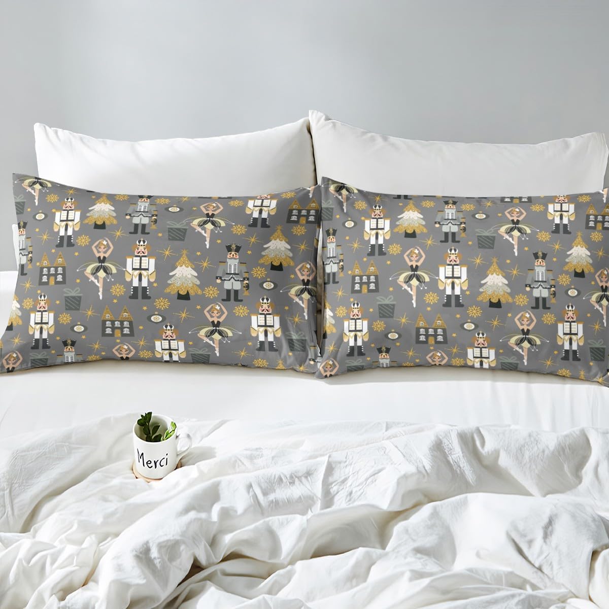 Feelyou Merry Christmas Bedding Set Queen Size Christmas Nutcracker Bedding Duvet Cover Set Xmas Snowflake Comforter Cover Set Ballet Dancer Bedspread Cover Merry Christmas Tree Quilt Cover 3Pcs