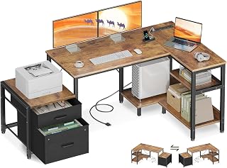Casaottima Reversible L-Shaped Desk with Drawers, File Cabinet, Power Outlets & CPU Stand - Rustic Brown Home Office Corner Desk