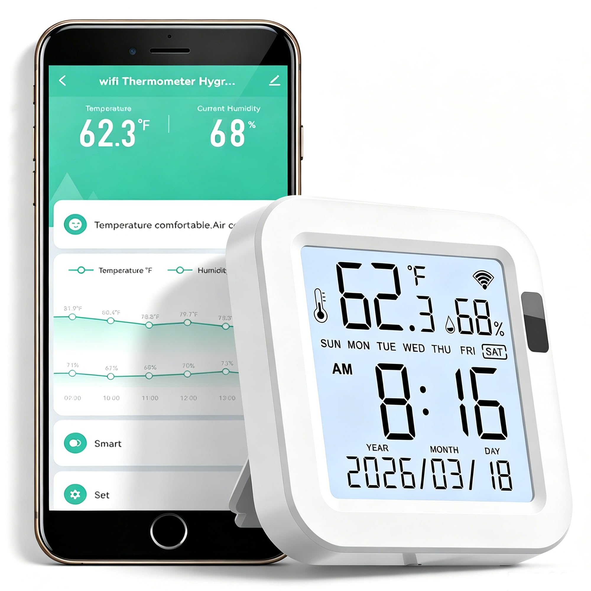 WiFi Temperature Humidity Monitor: Upgraded Smart Temperature and Humidity Sensor with Large Backlit LCD Screen & App Alerts, Indoor Thermometer Hygrometer Compatible with Alexa Google Assistant-image-18
