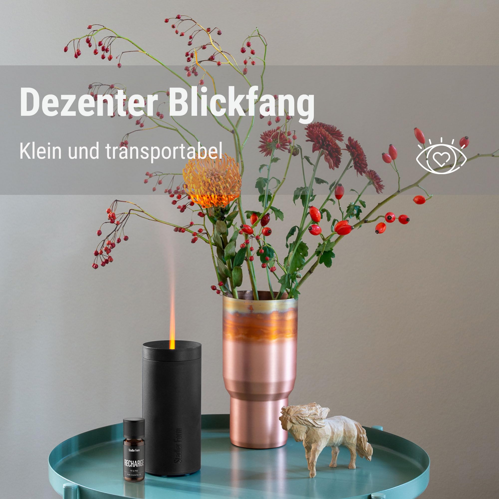 Stadler Form Aroma Diffuser Lucy, kabellos, für ätherische Öle | Mit Akku, bis 7 h Laufzeit, Ultraschall-Technologie, mit Flammen-Effekt, für Entspannung und Aromatherapie, schwarz
