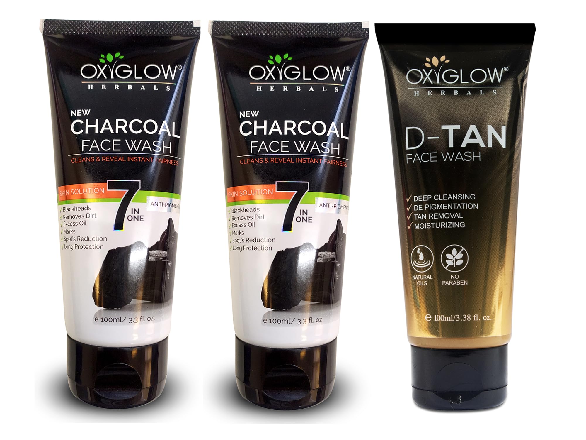 OxyGlow Herbals 7 in one Charcoal Face Wash-100g| Deep Exofilation| Removes Blackheads & Whiteheads| Pore Cleansing Face wash|Spots Reduction|Nature Charcoal|Dark Spots & Marks Removal|Remove Excess Oil|Remove Dirt|All Skin Type|Long Protection|Clean & Healthy Skin(PO2) & D-TAN Face Wash| Helps removes Tan & Dirt| Brightening & Glowing Skin- 100gm