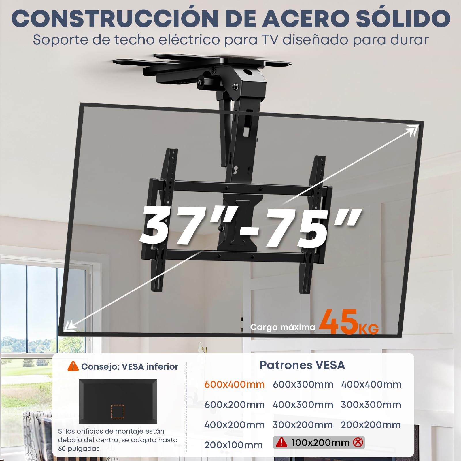 Soporte TV Techo Motorizado 37–75" – Elevador TV Eléctrico Abatible, Mando a Distancia, 45 kg de Carga, VESA 600×400mm, Negro