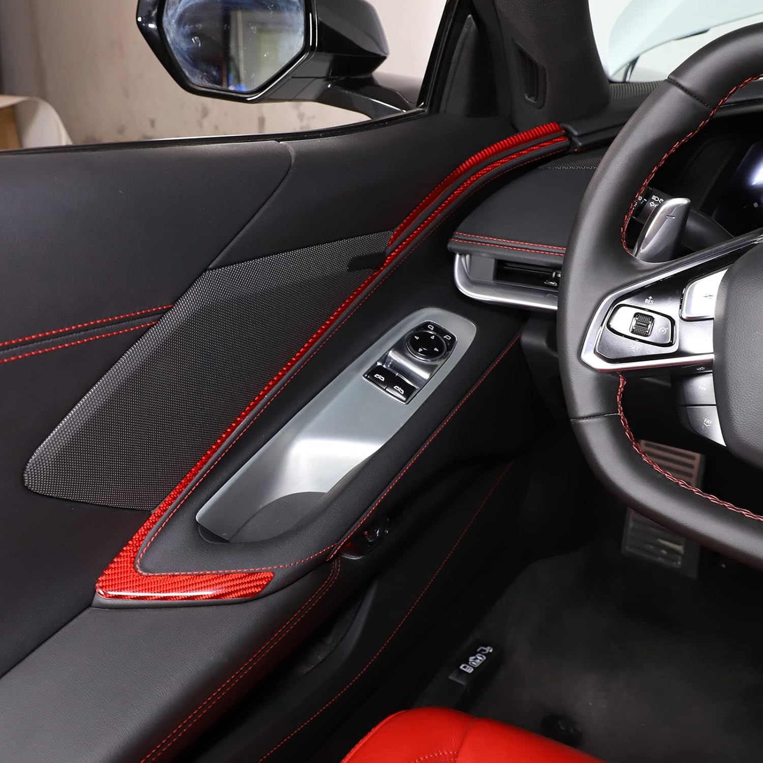 Daeiclru Real Carbon Fiber Car Interior Door Panel Trim Strip Compatible with Chevrolet Corvette C8 Stingray 2020-2023, Inner Door Panel Decorative Accessories (Red)