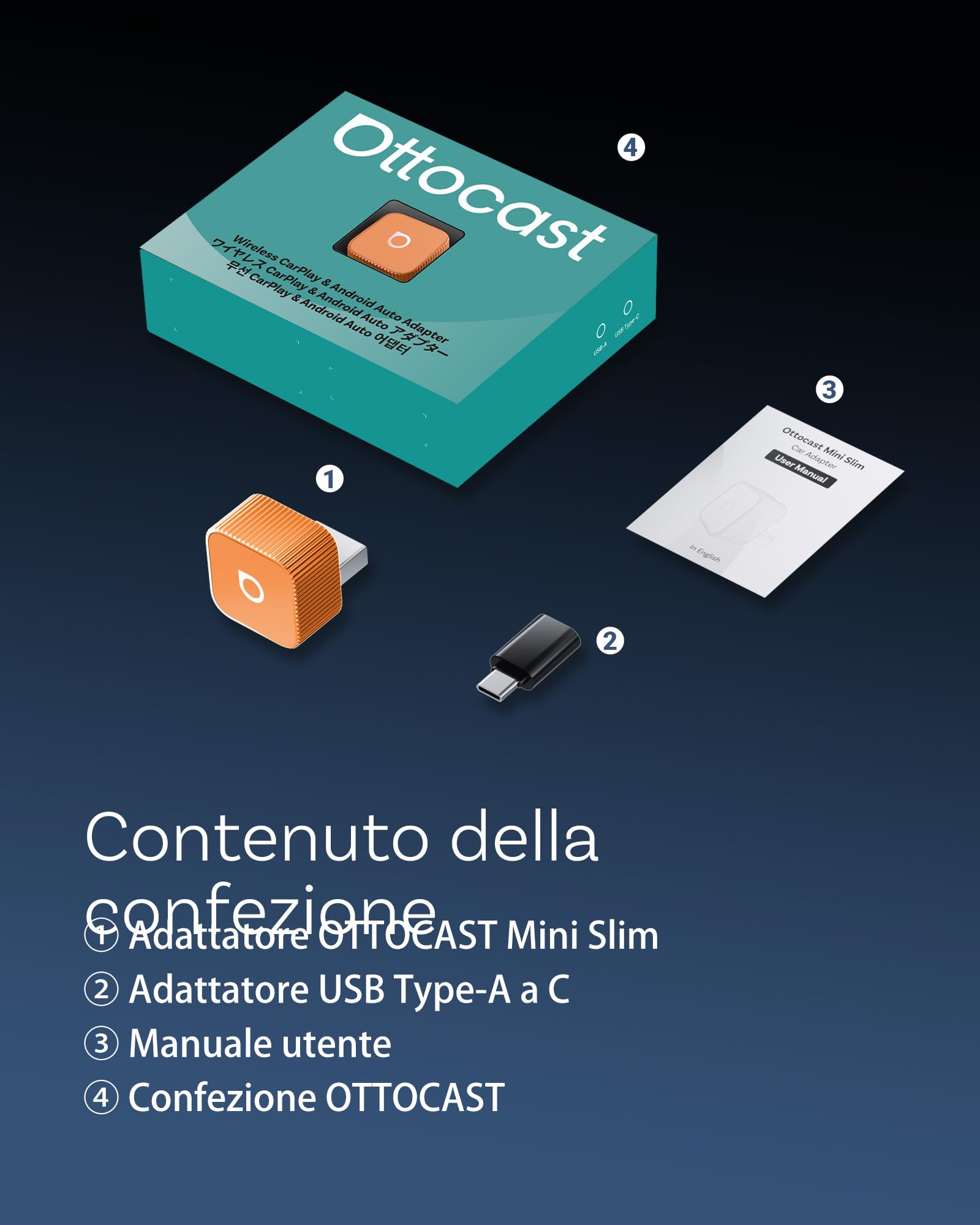 OTTOCAST MINI 3.0 Slim 2026 Adattatore CarPlay Wireless, 2-in-1 per iPhone & Android Auto, Converte CarPlay e Android Auto cablati in modalità senza fili, MINI Cube arancione
