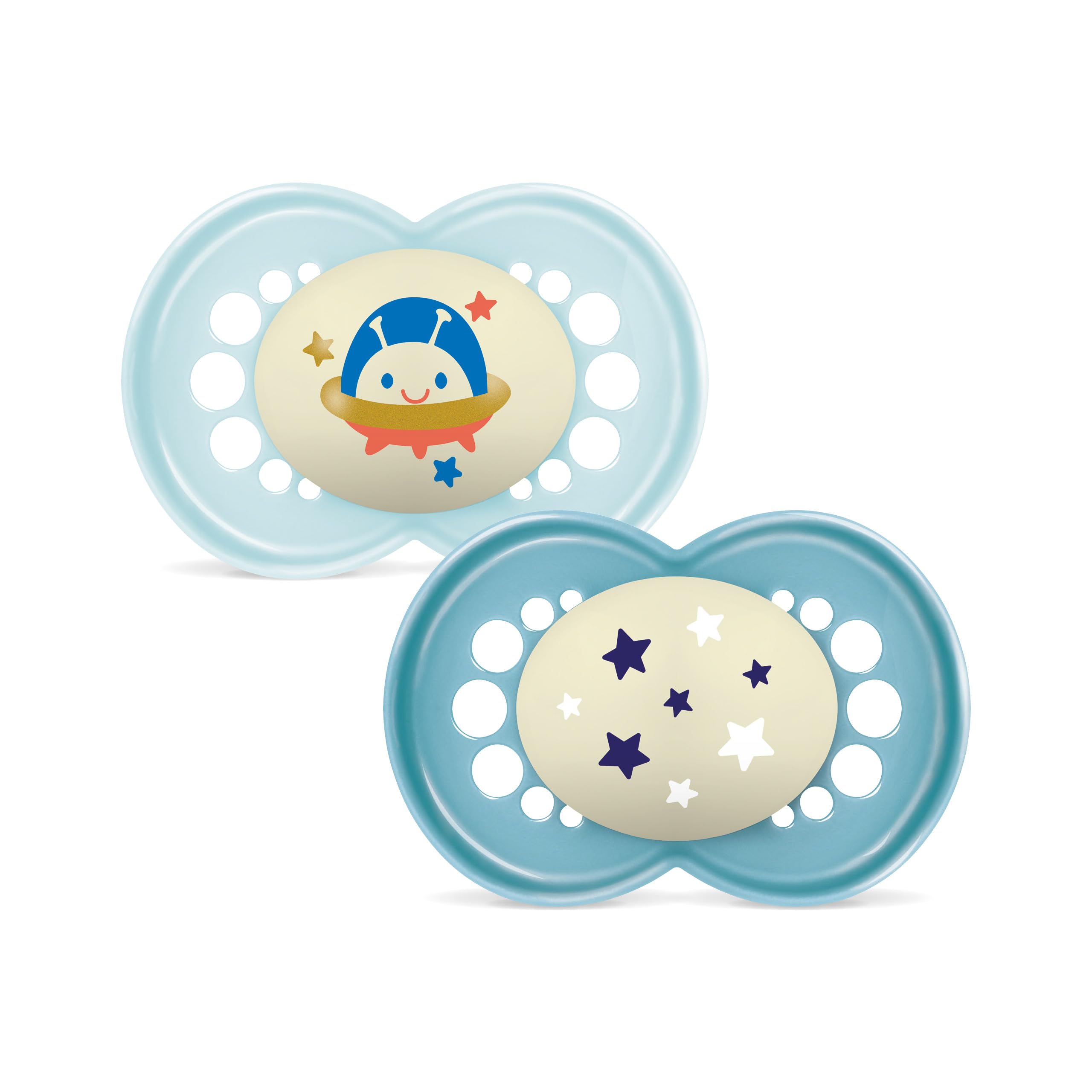 MAM Chupete que Brilla en la Oscuridad, a Partir de 16 Meses, Tetina Simétrica, Plana y Flexible de Silicona de Fácil Aceptación, con Caja Autoesterilizadora, MAM Original, Azul Brillante, Pack 2uds