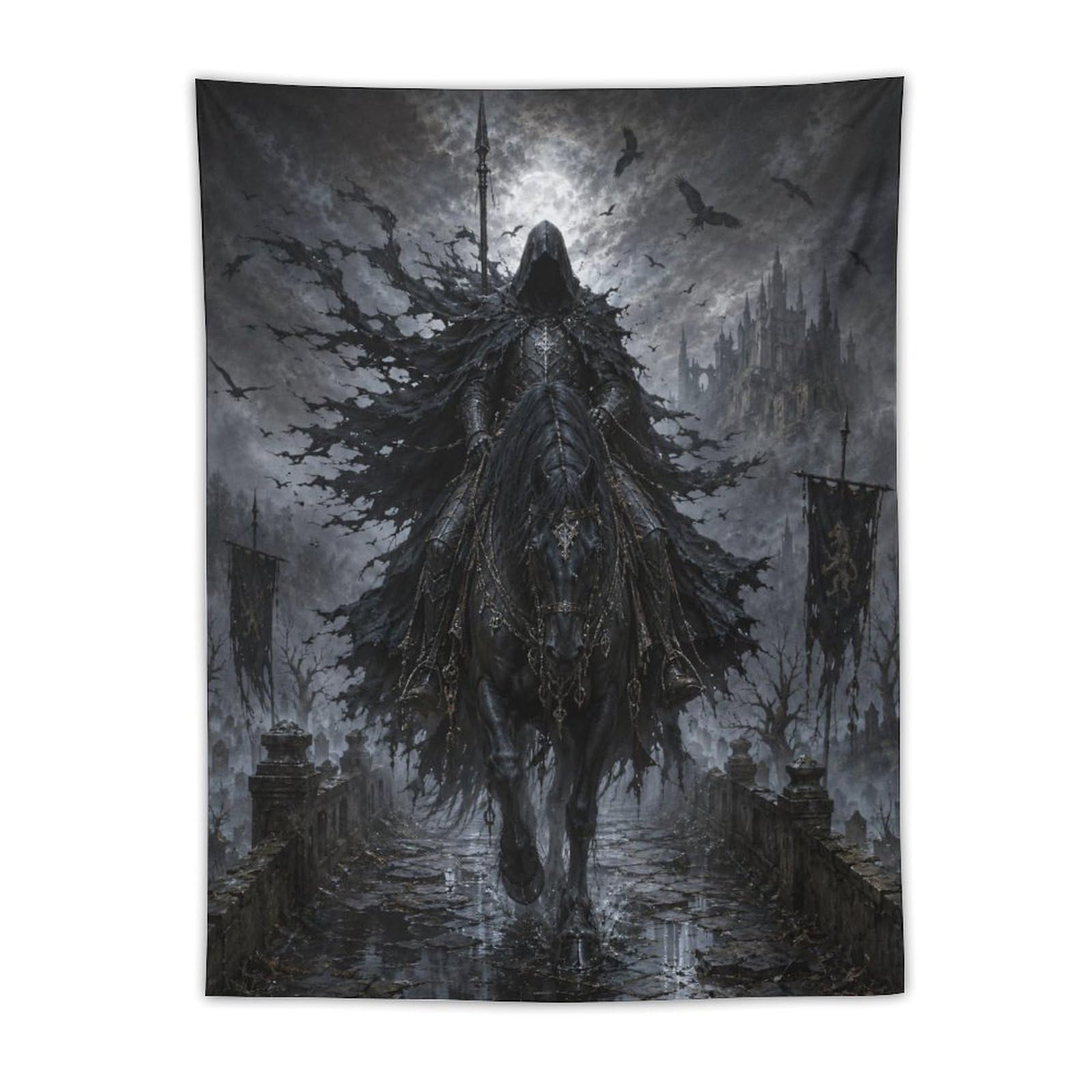 H3B8U2Y5 Storm Castle Horseman Wall Tapestry, Medieval Illustration Style