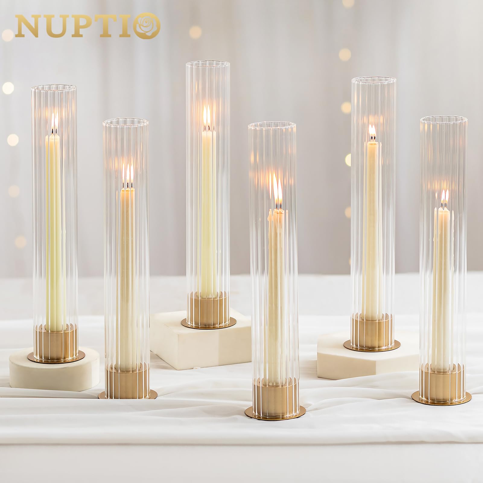 NUPTIO Cilindro de Vidrio Velas Portavela de Palo Dorado 10 Piezas Sin Fondo Decoración de Mesa de Bodas