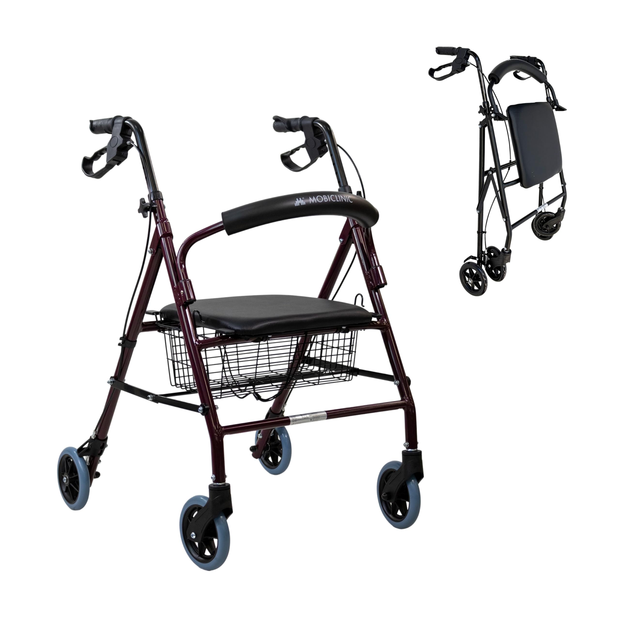Mobiclinic®, Andador para Ancianos, Plegable, Regulable en Altura, Frenos Manuales y Bloqueables, Hasta 110 kg, con Cesta y Asiento, Ligero, Resistente, Aluminio, Escorial (Burdeos)
