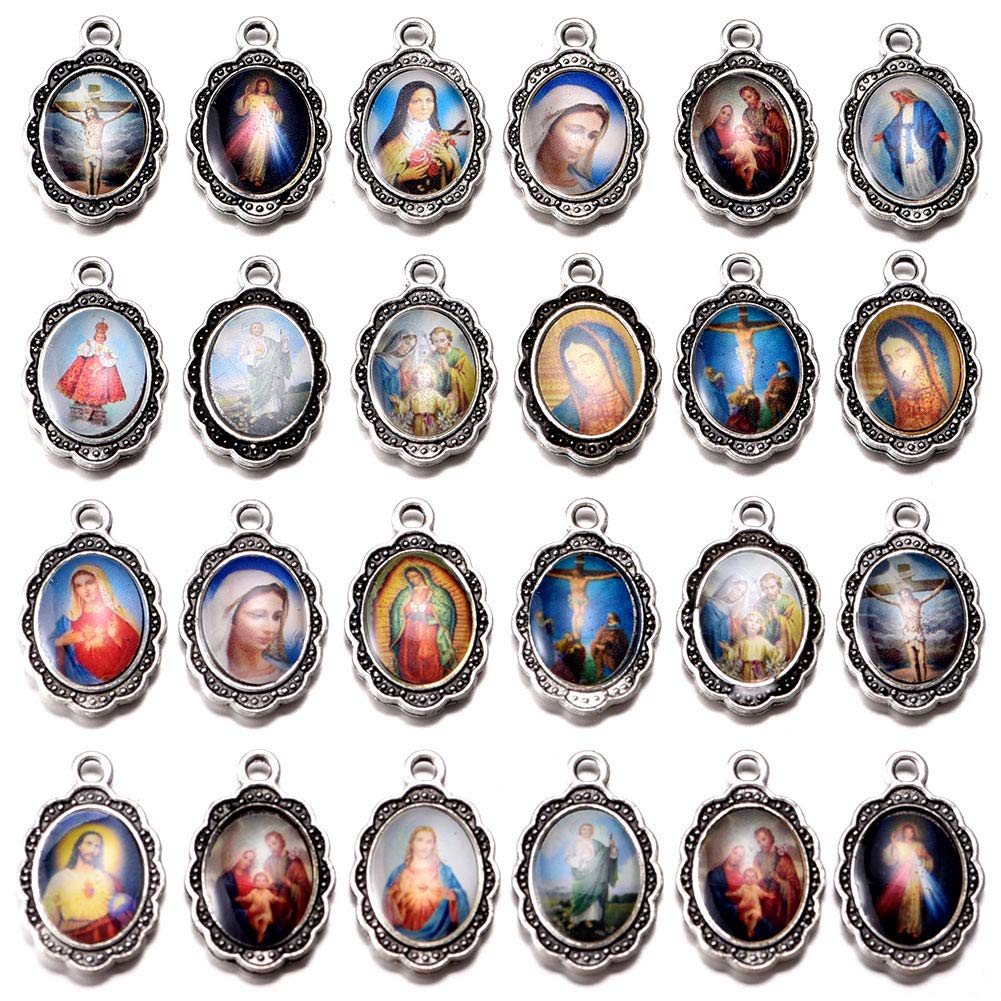 Weyuley 60pcs Mix Picture Enamel Our Lady Miraculous Medal Floral Rosary Centerpiece Cross Jesus Virgin Mary Catholic Alloy Crucifix Charms for Jewelry Making 19mmx12mm (A508)
