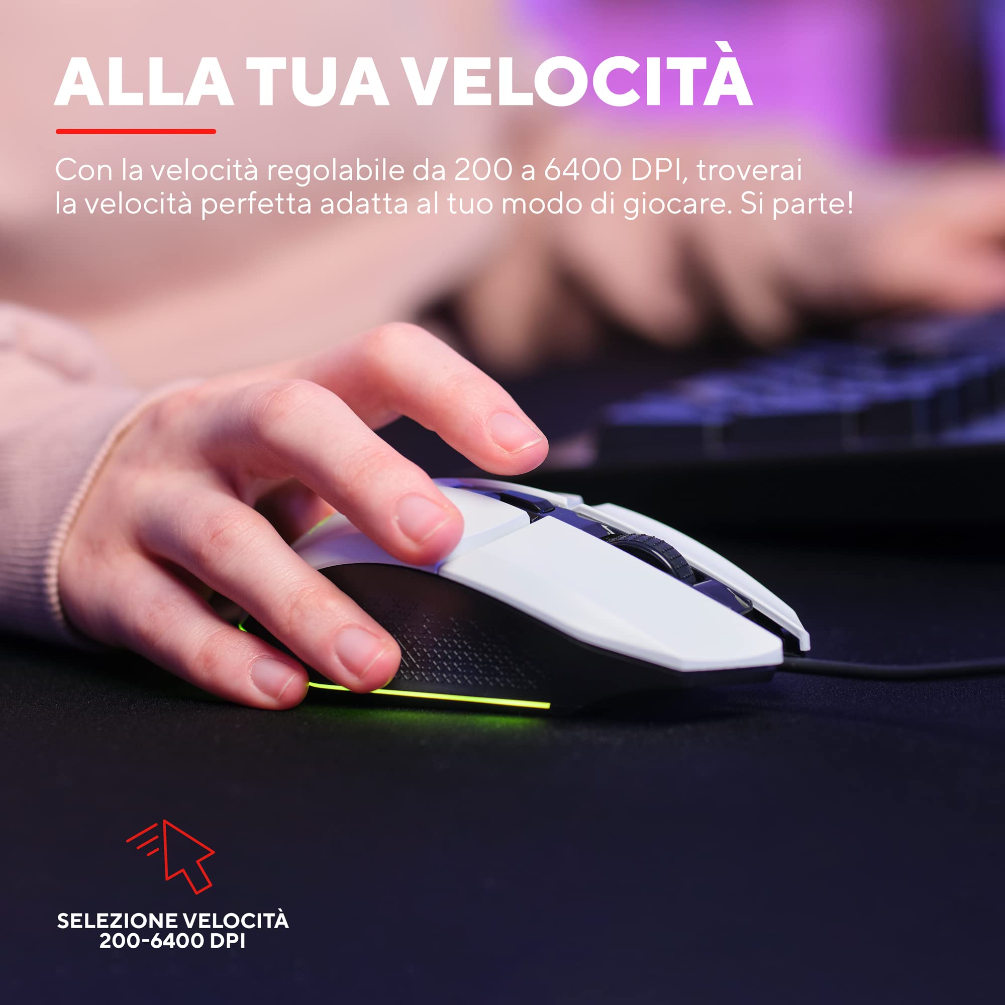 Trust Gaming GXT 109W Felox Mouse Gaming con 6 Pulsanti Programmabili, Illuminazione LED Multicolore, Software Incluso, 200-6400 DPI, Mouse con Filo USB 150 cm per PC, Portatile, Computer - Bianco
