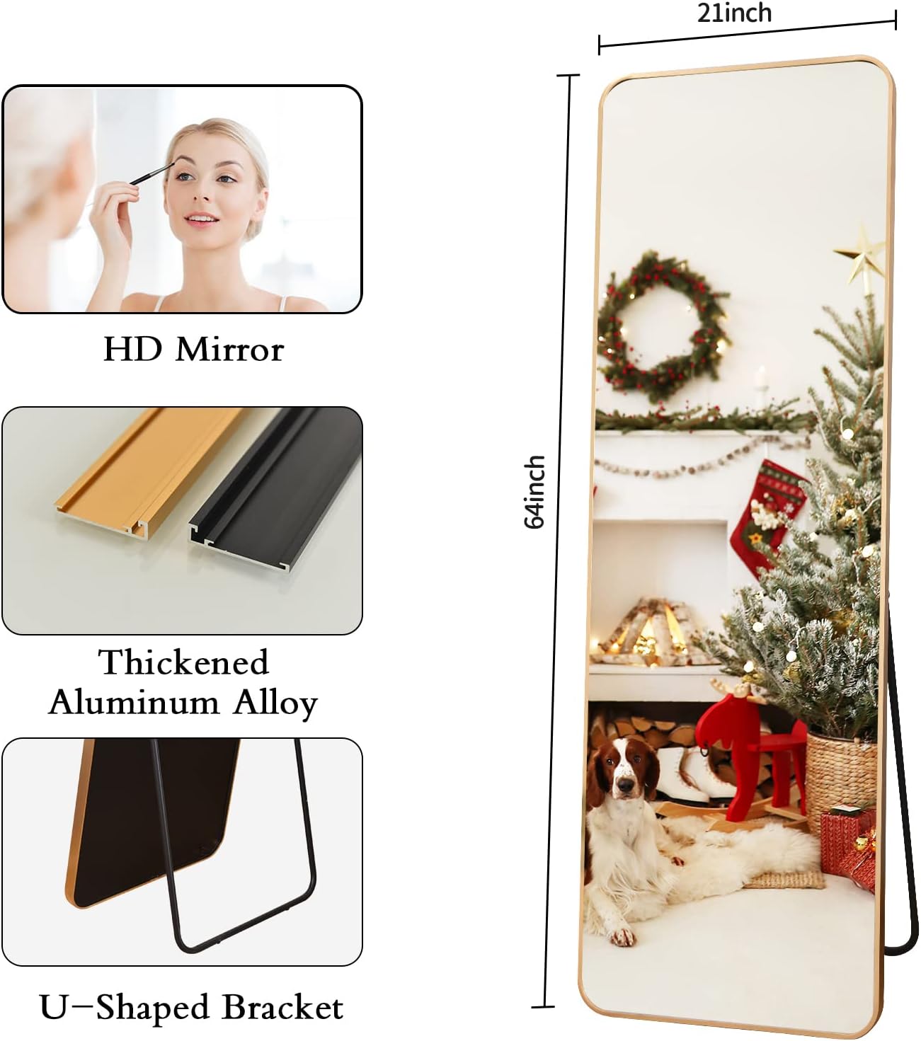 BEAUTYPEAK Full Length Mirror 21x64, Large Standing Mirror Rectangle Rounded Corner Floor Mirror, Rounded Corners with Aluminum Alloy Frame, Gold