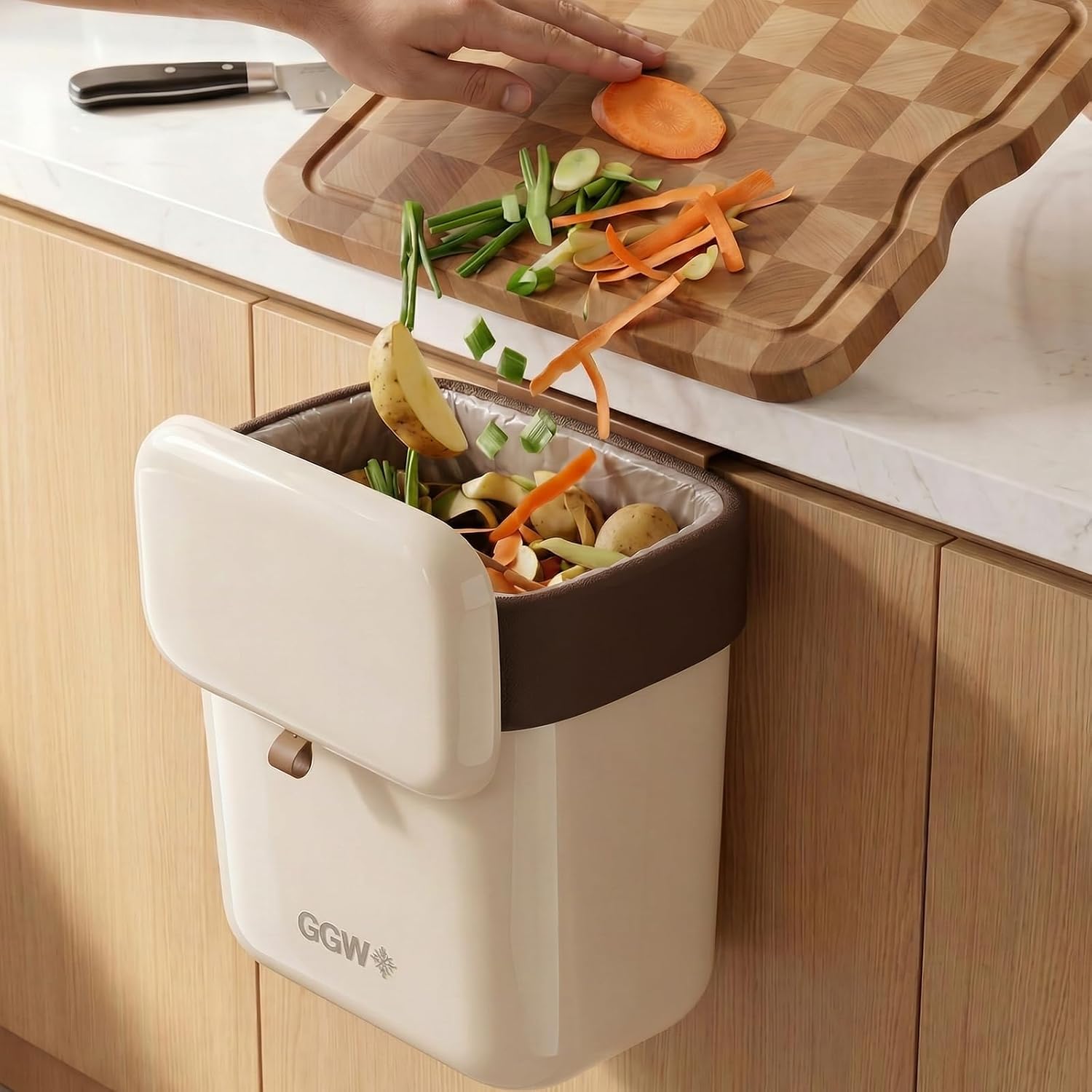 Large 3.9 Compost Bin Kitchen with Lid, Under Cabinet Waste Bin for Kitchen Cupboard, Reusable Waste Container for Office, Bathroom, Bedroom, Cream